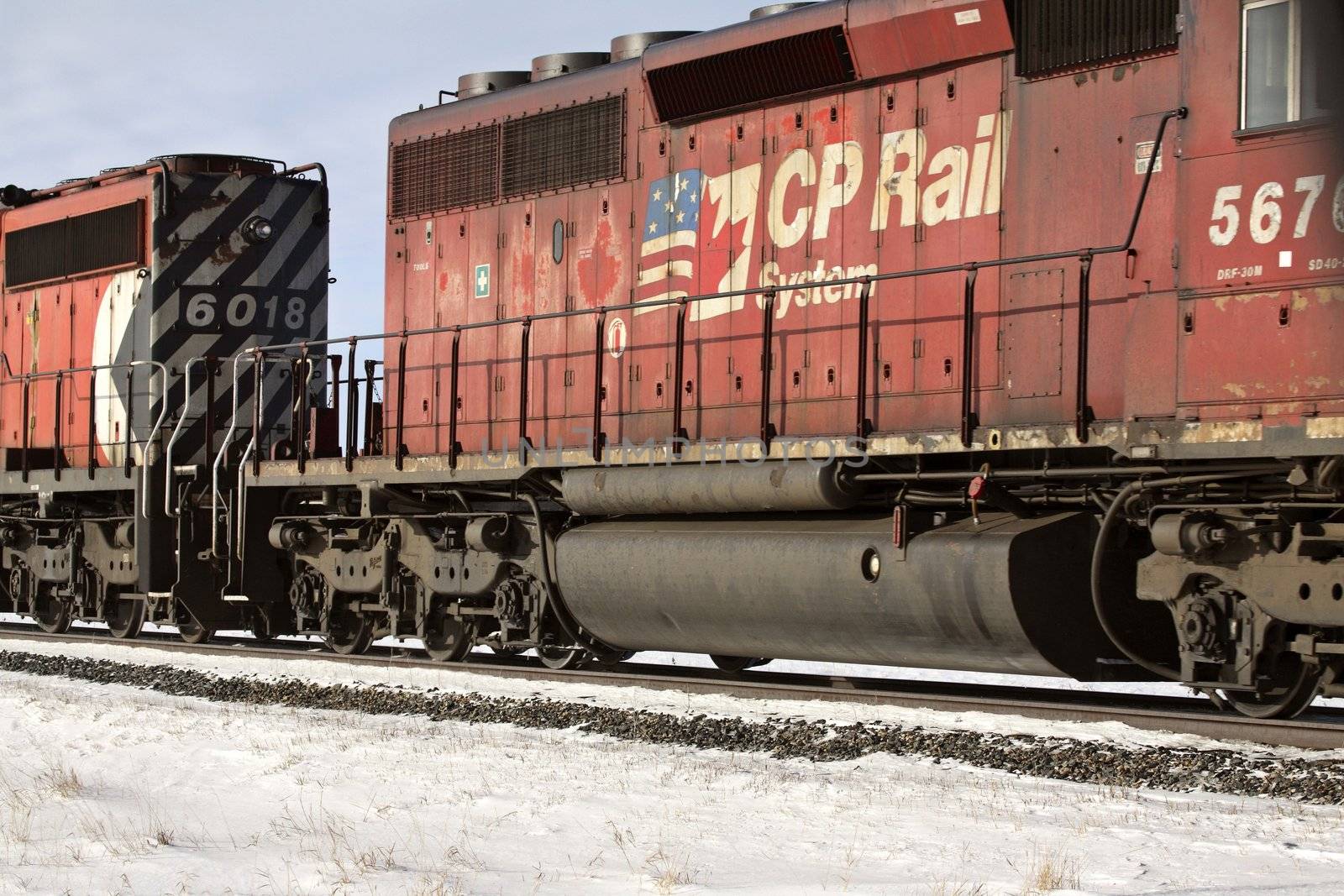 Train engines of CPRail in winter by pictureguy