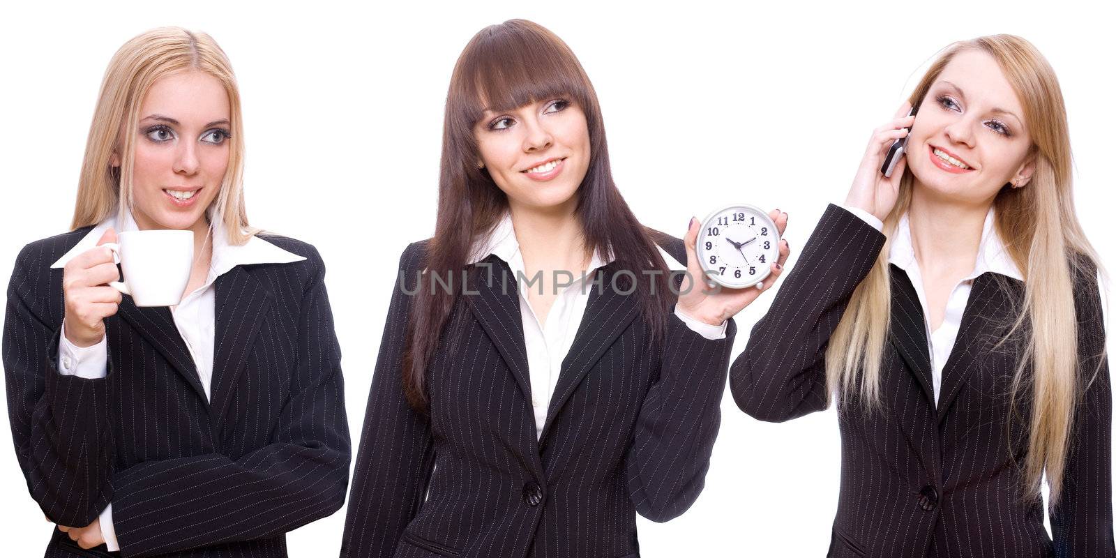 three business women with a phone a cup and a clock on a white background