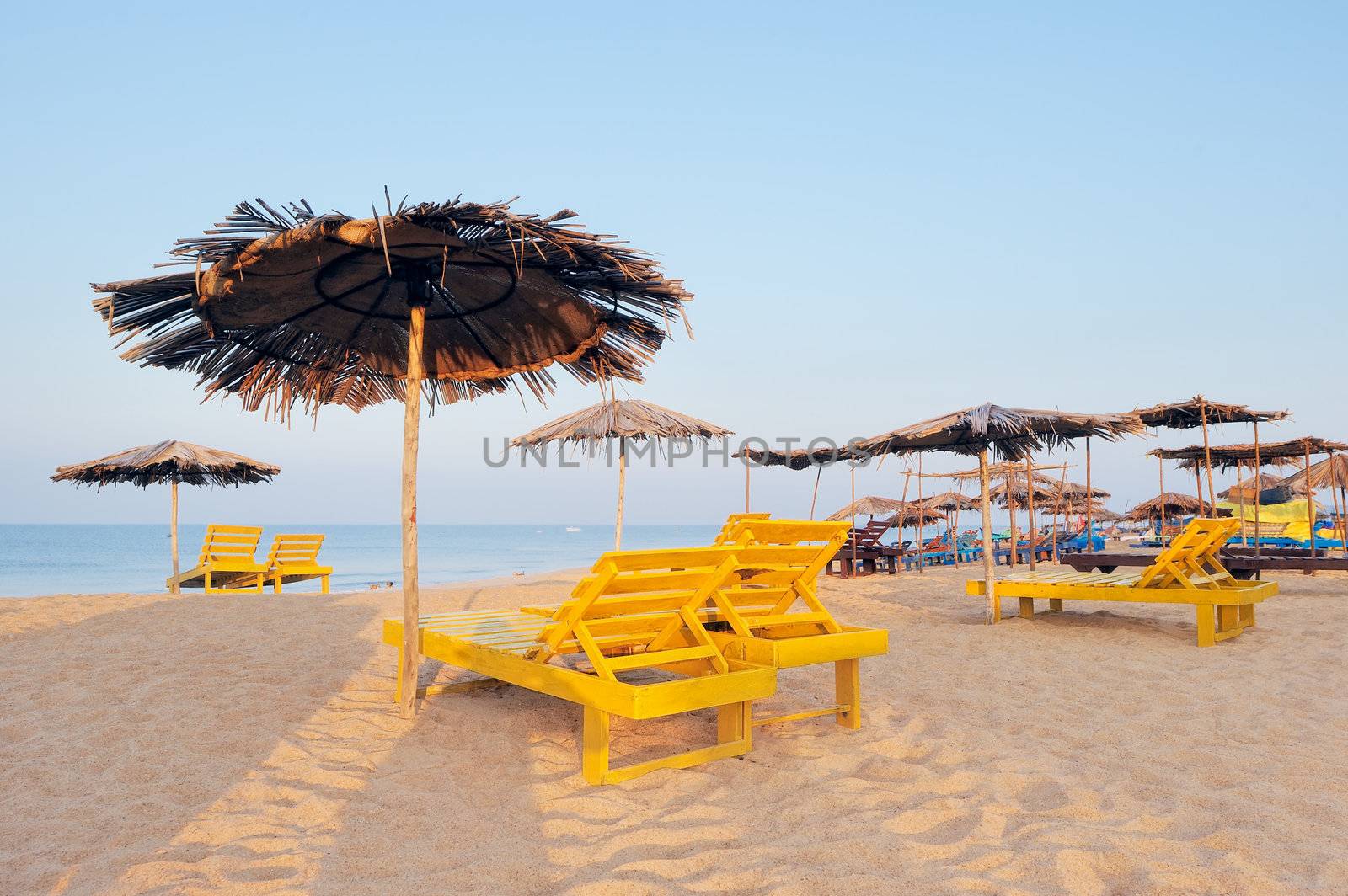 Exotic beach umbrellas and deck-chairs on tropical coast