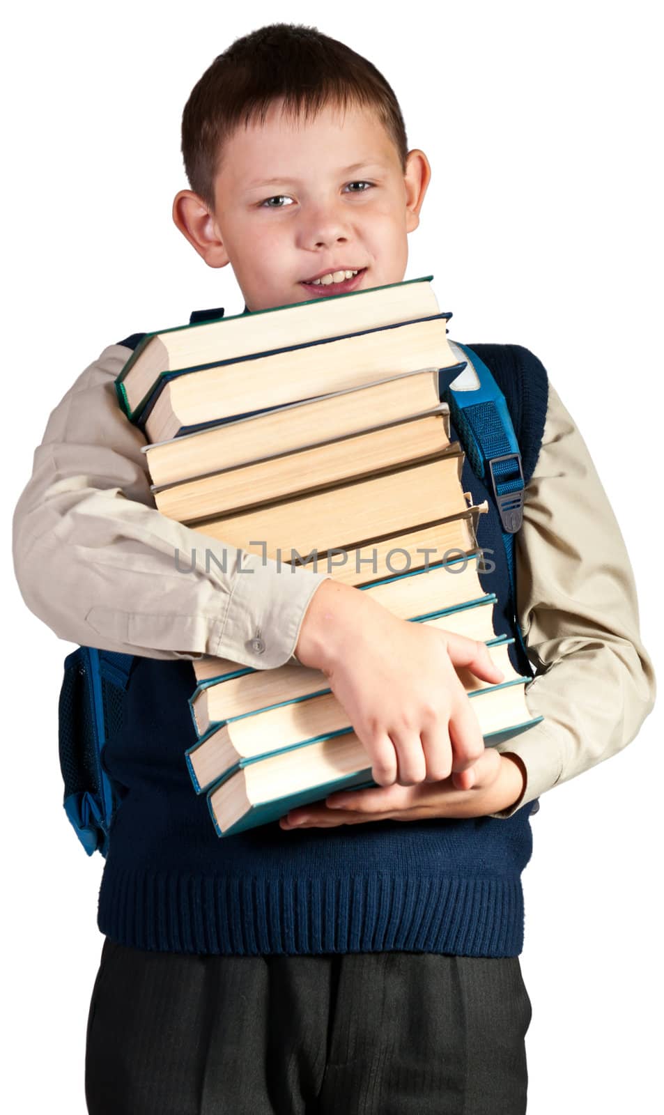 Schoolboy. Isolated over white background. The boy is dressed in a vest.