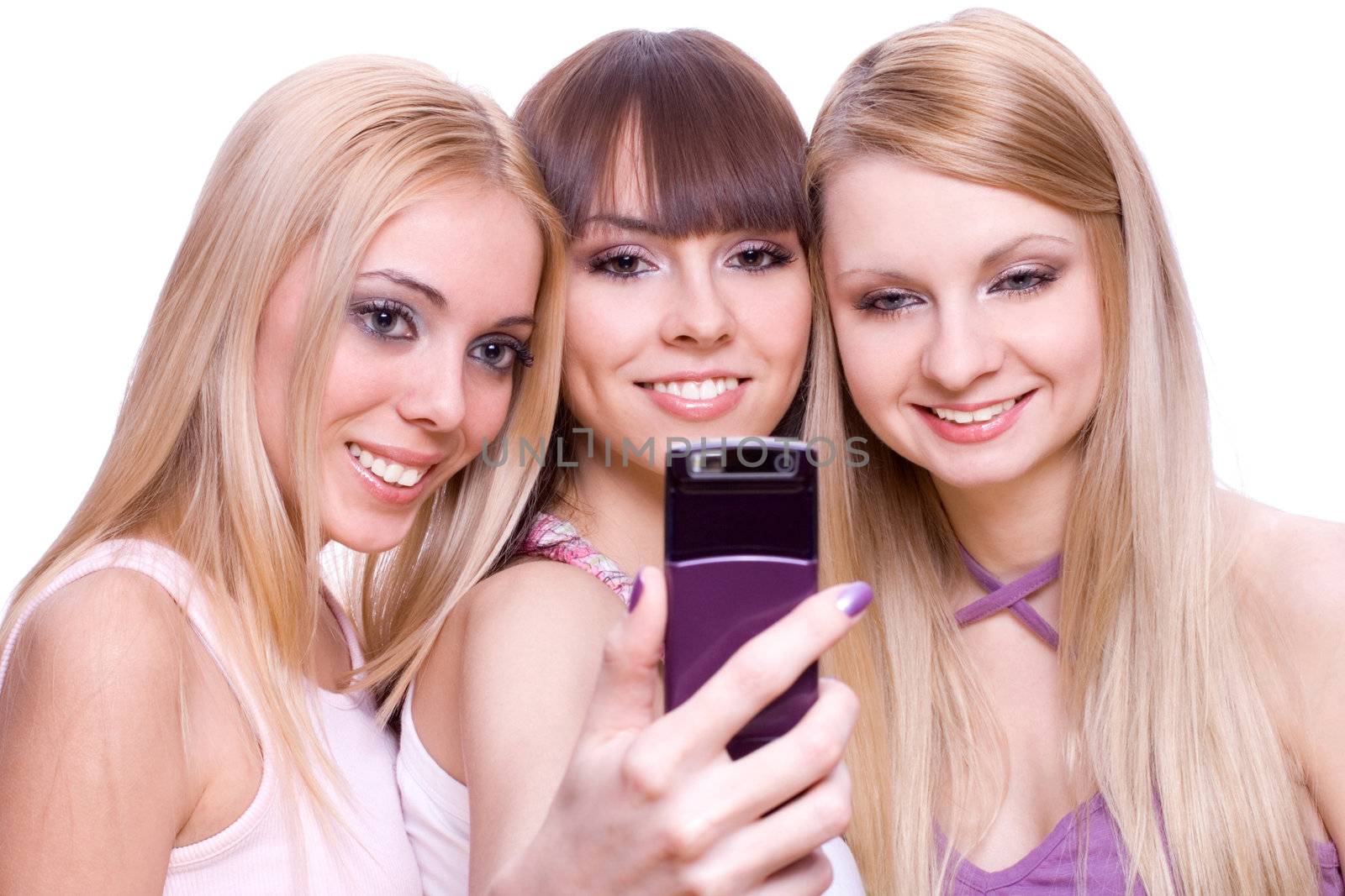 three girls with phone on a white background