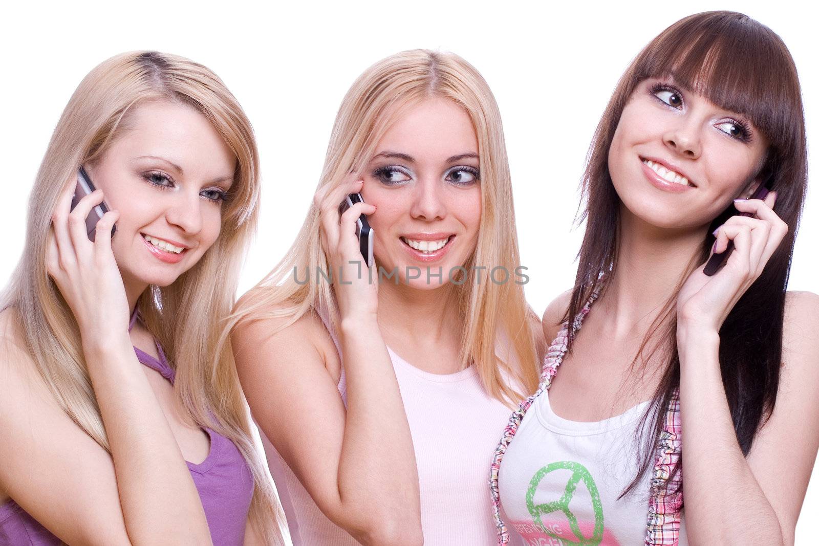 three girls with phone on a white background