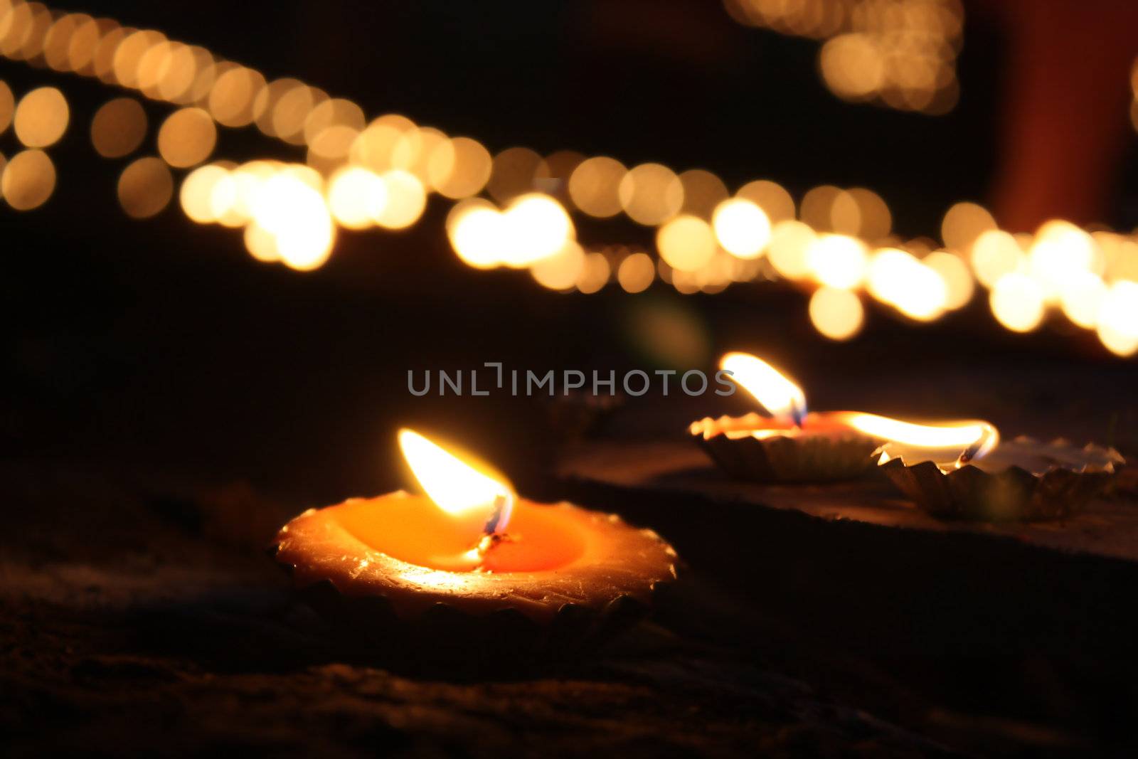 Traditional Diwali lamps and candles lit on the occassion of Diwali festival in India.