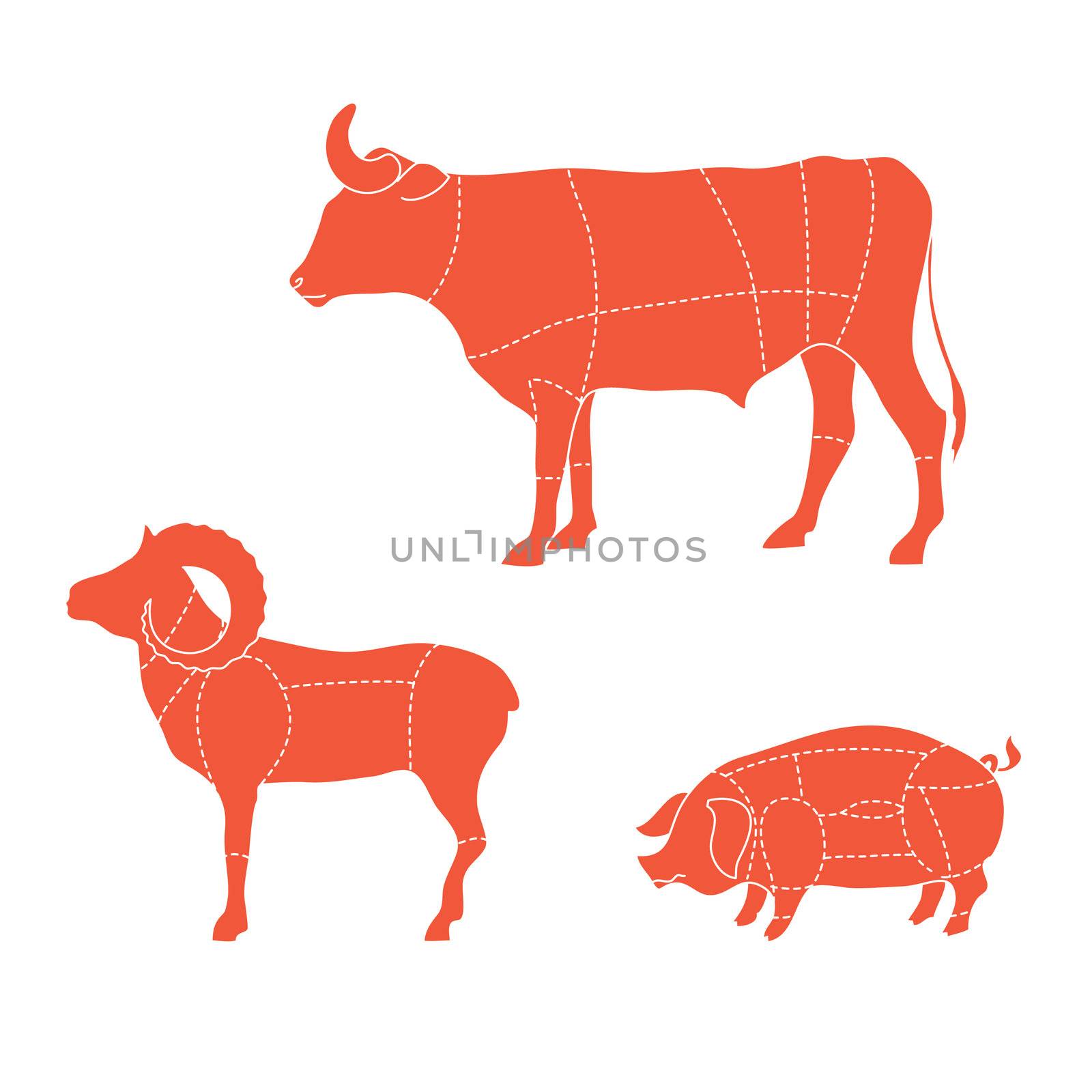 Template - how to cut meat cows, ram, pigs