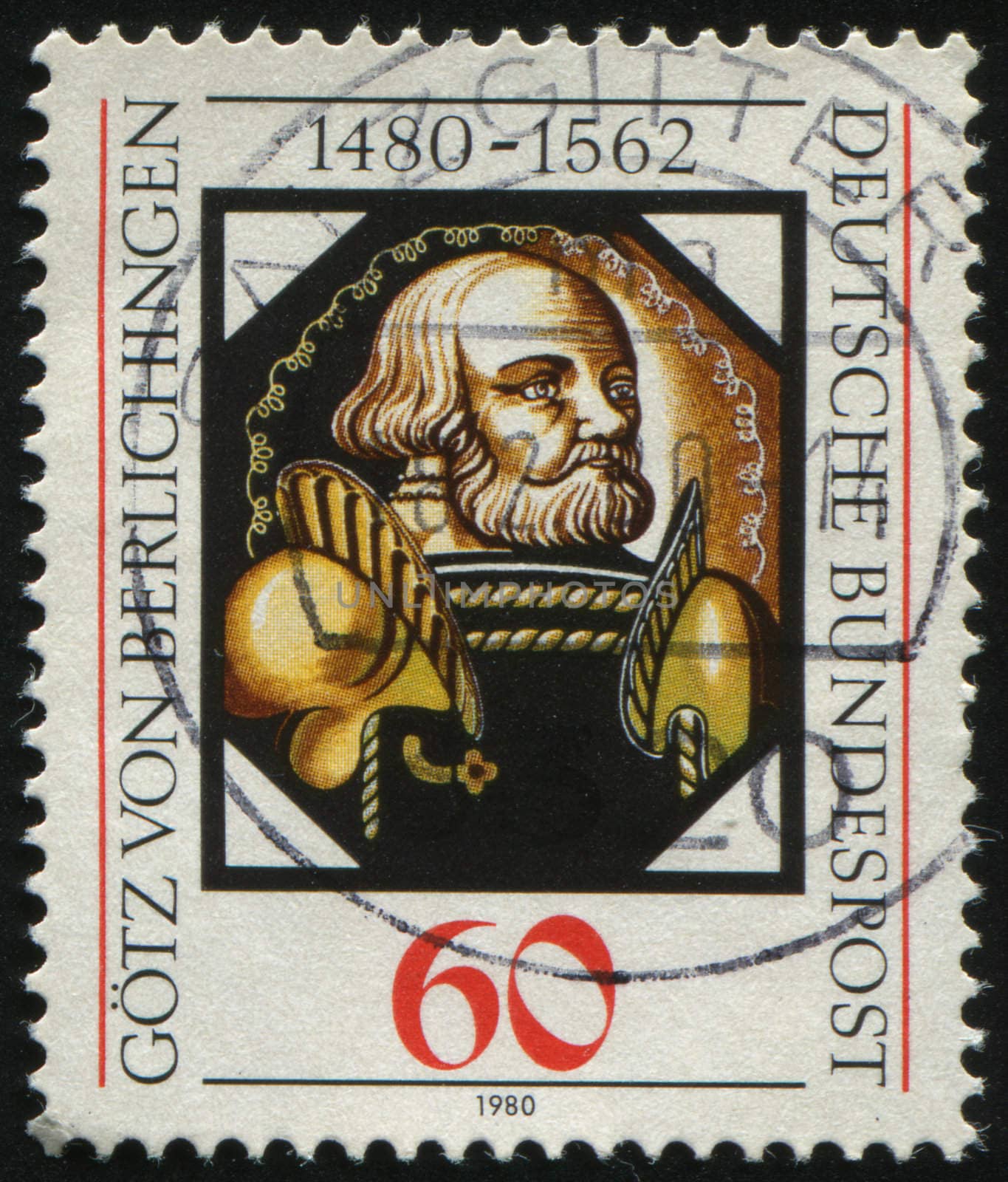 GERMANY- CIRCA 1980: stamp printed by Germany, shows Gotz von Berlichingen, painting on glass, circa 1980.