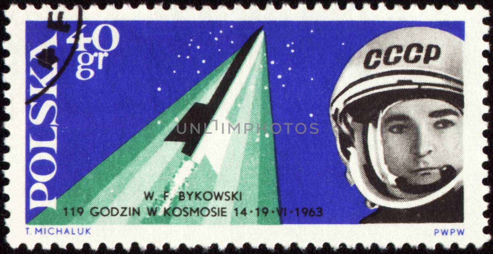 Postage stamp with soviet spaceship Vostok-5 and cosmonaut Valery Bykovsky by wander