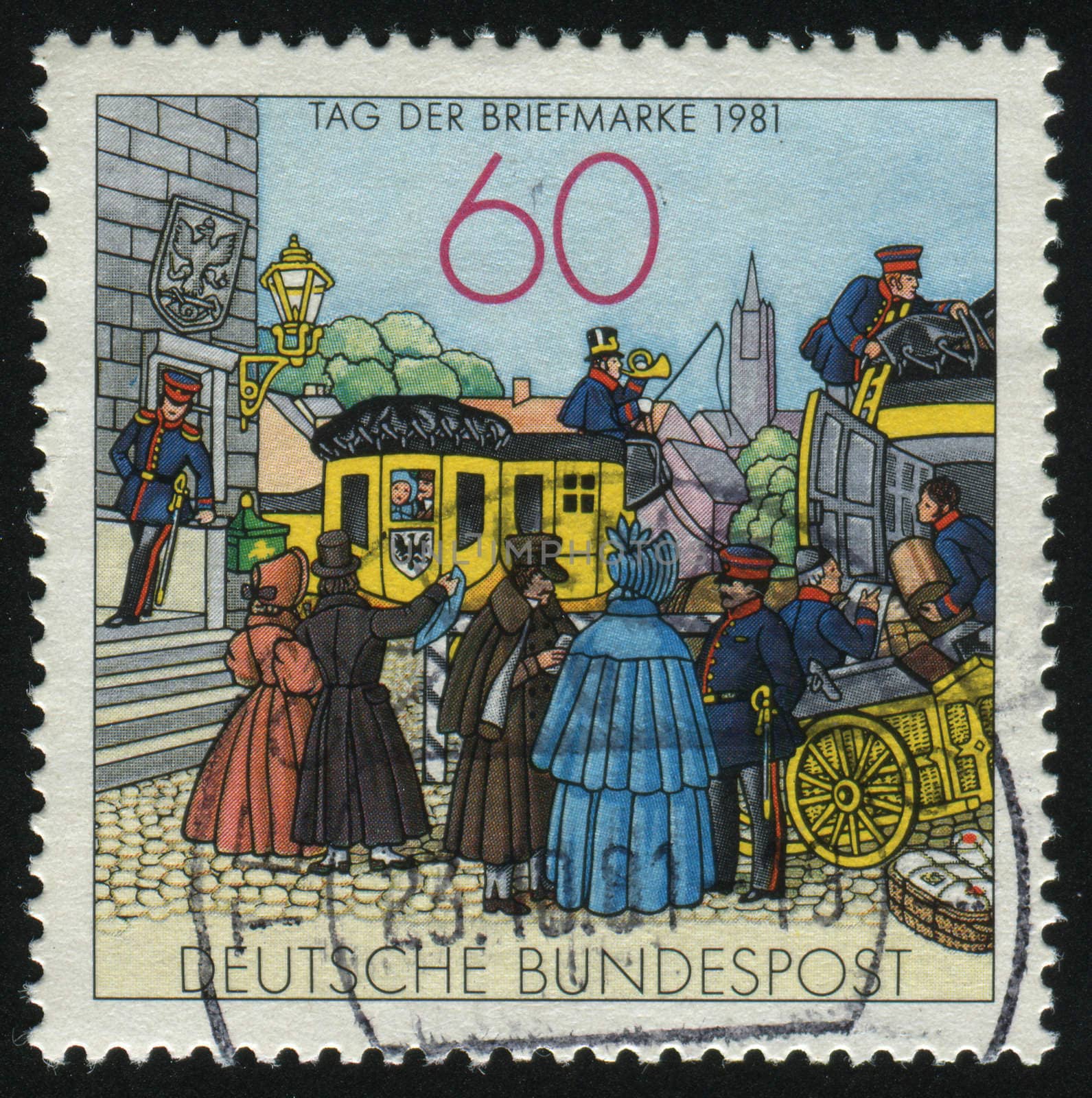 GERMANY- CIRCA 1981: stamp printed by Germany, shows  People by Mailcoach, lithograph, circa 1981.