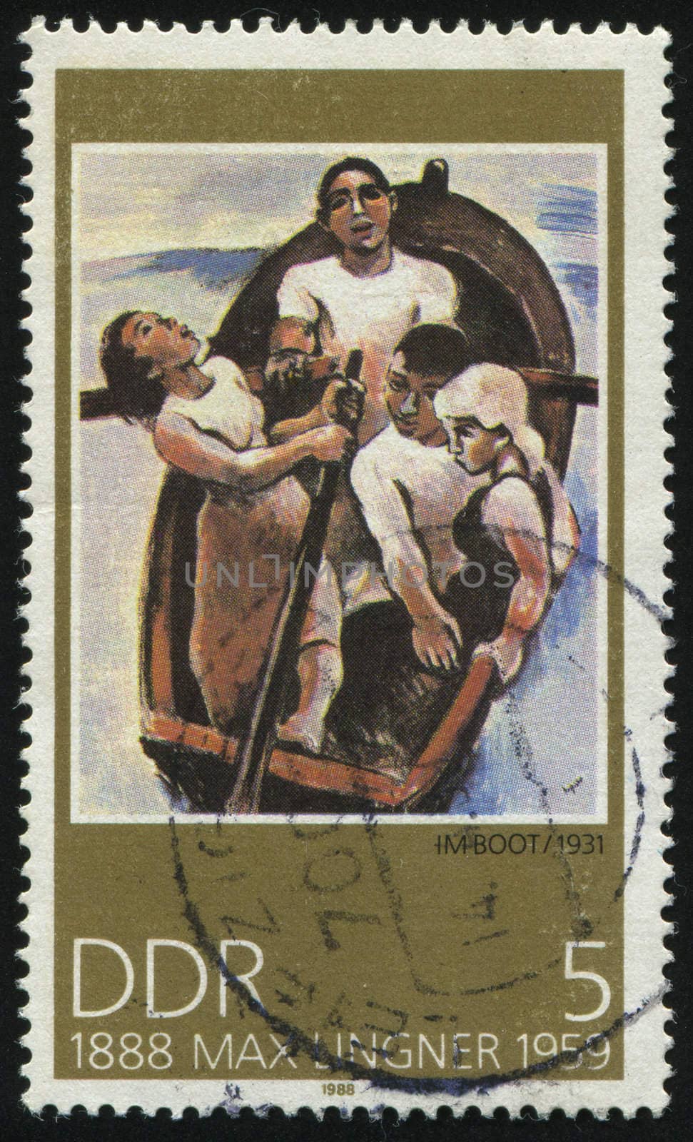 GERMANY- CIRCA 1988: stamp printed by Germany, shows  Paintings by Max Lingner In the Boat, circa 1988.