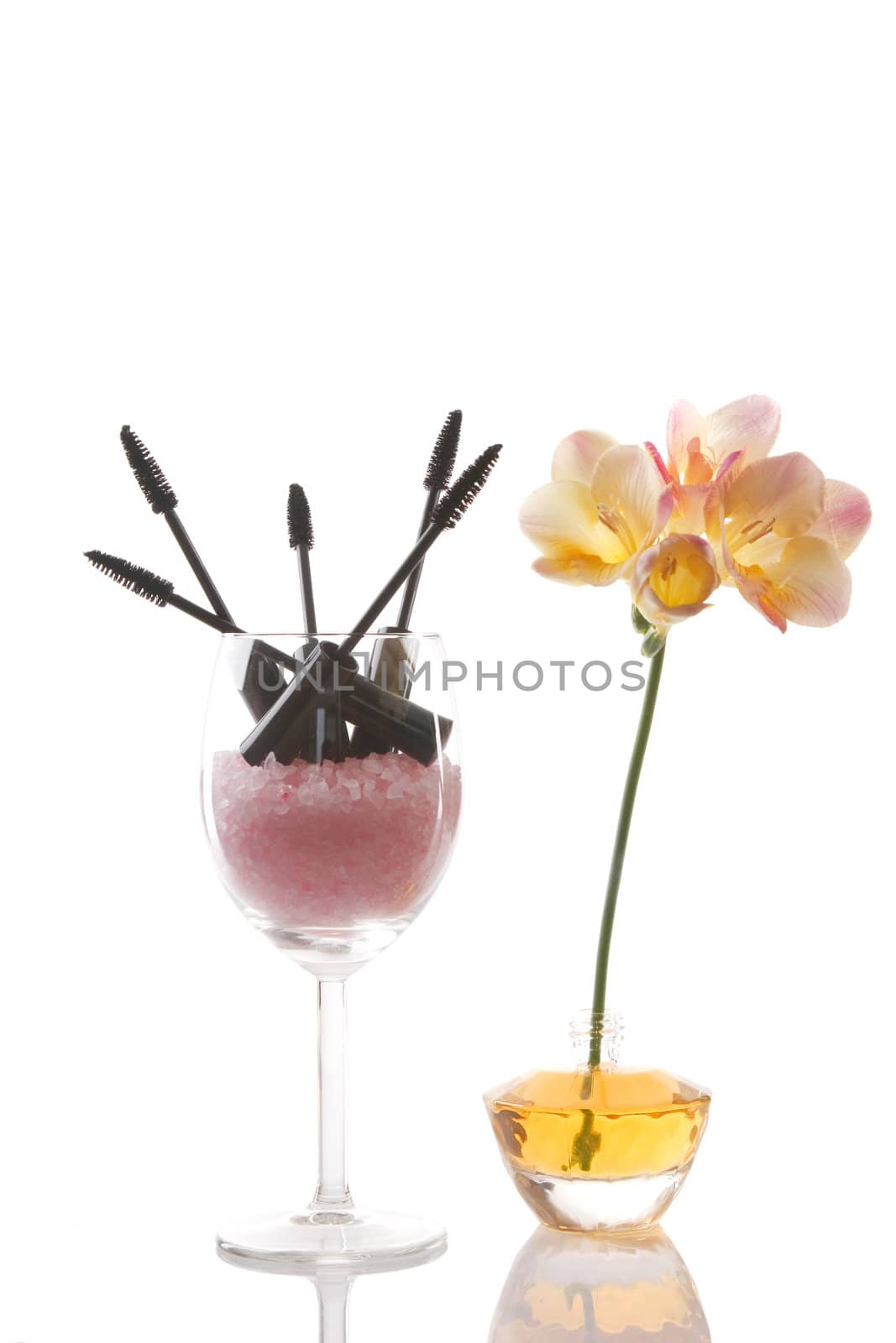 cosmetics and flower on white background, beauty concept