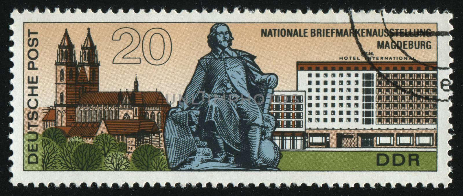 GERMANY- CIRCA 1969: stamp printed by Germany, shows Cathedral, Otto von Guericke Monument and Hotel International Magdeburg, circa 1969.