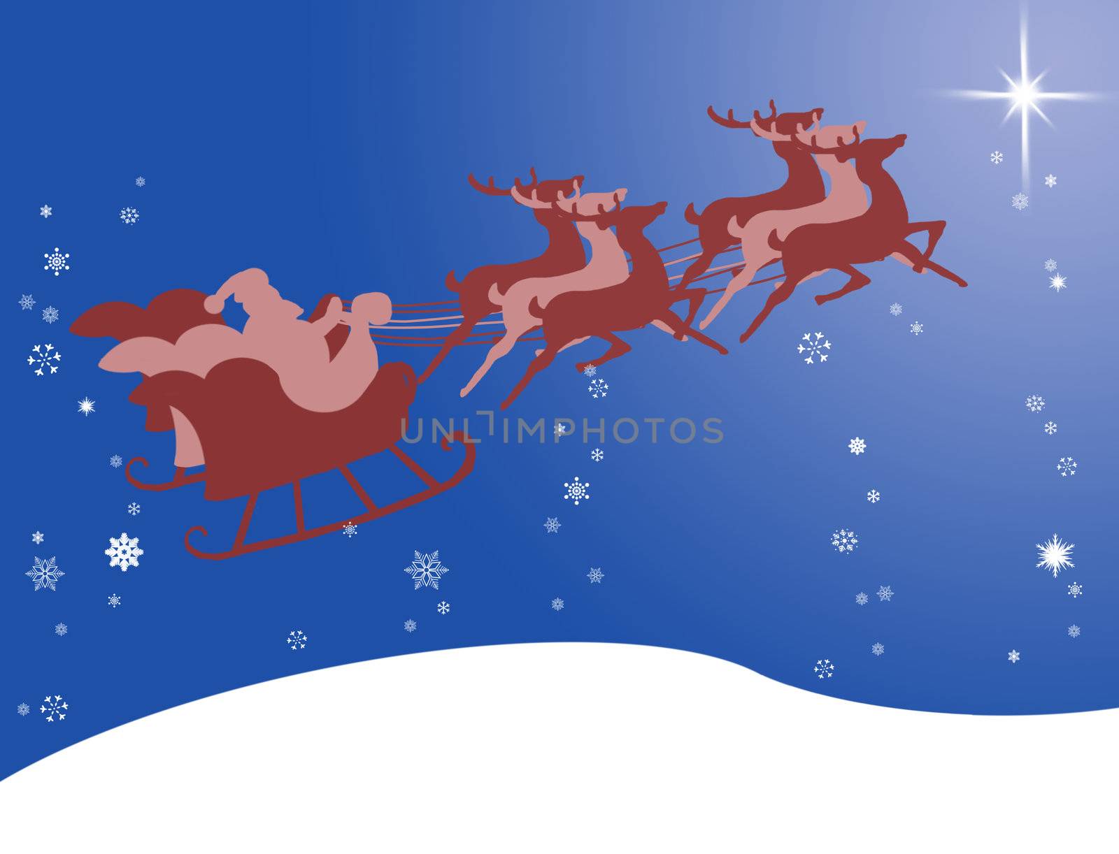 Santa Claus in his sleigh with bright star and snow