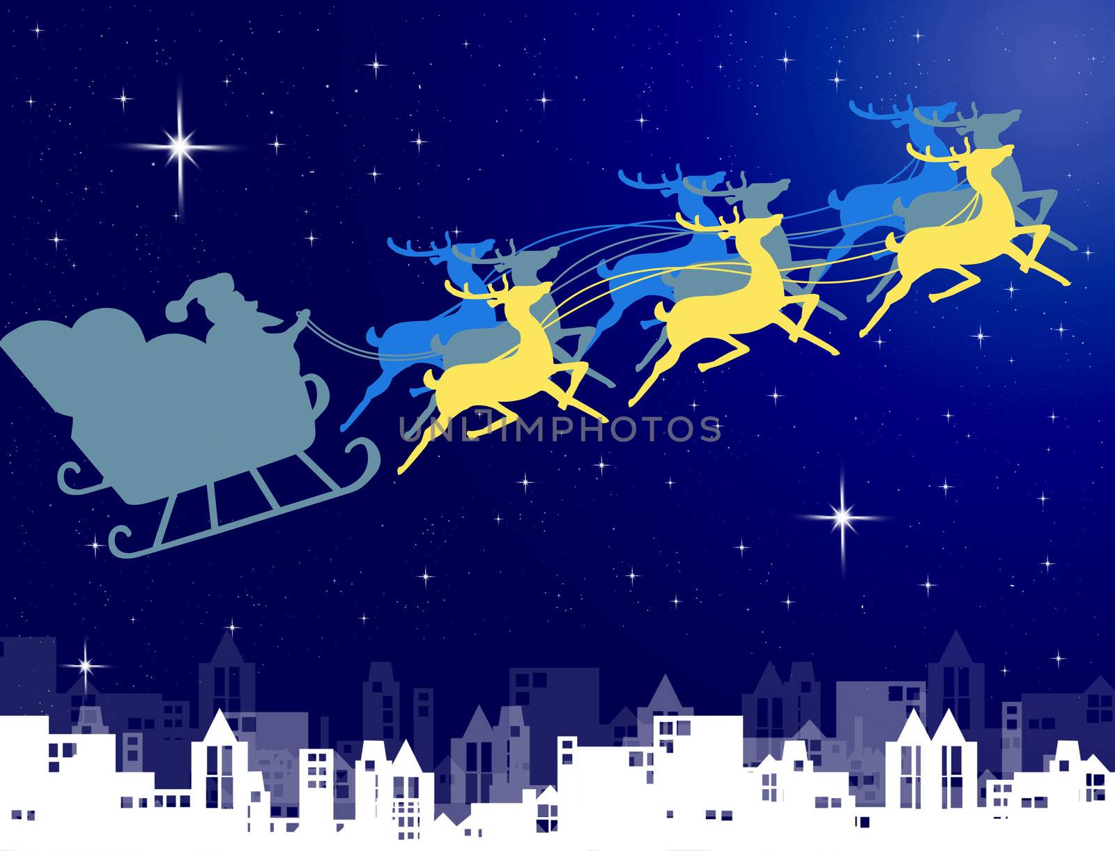 Santa Claus in his sleigh with night sky over the city background by pixbox77