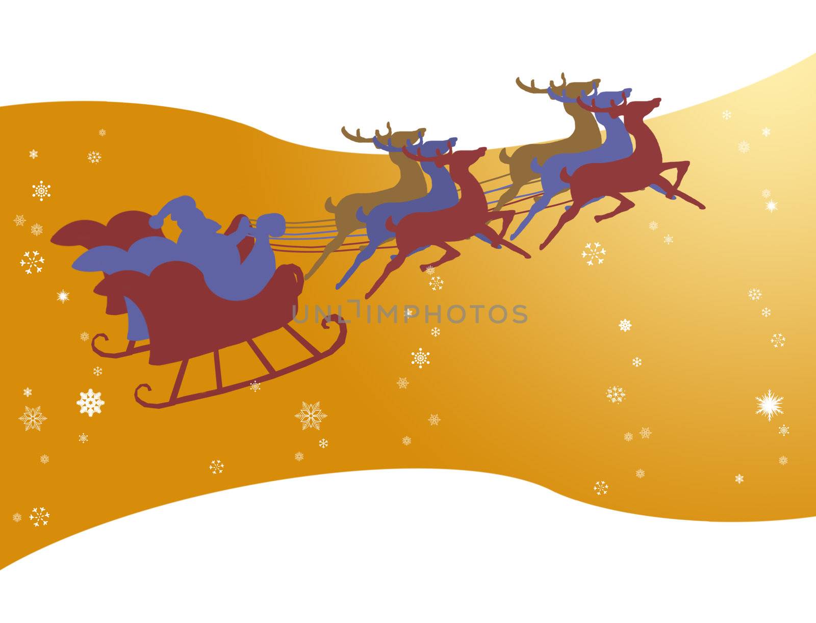 Santa Claus in his sleigh with snow flake in the golden sky by pixbox77