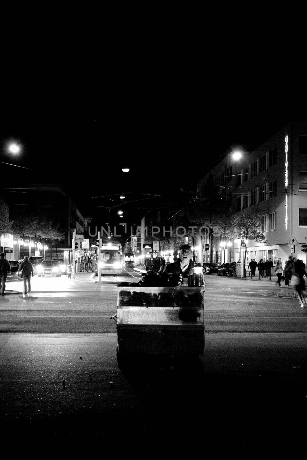A Hog Dog & Pretzel Stall set against the bustling pace of life in the city.