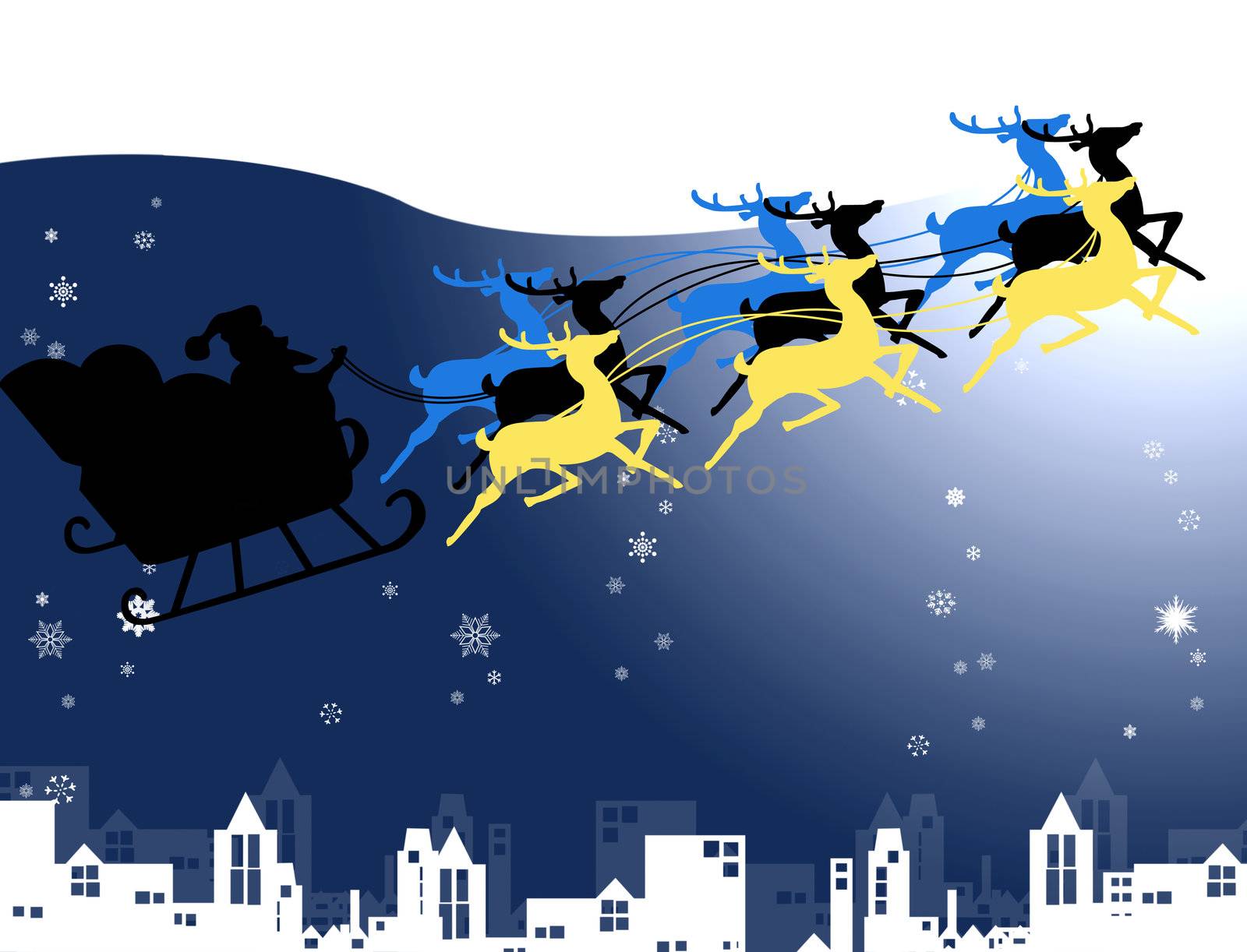 Santa with his reindeer in the snow and night sky, Christmas concept