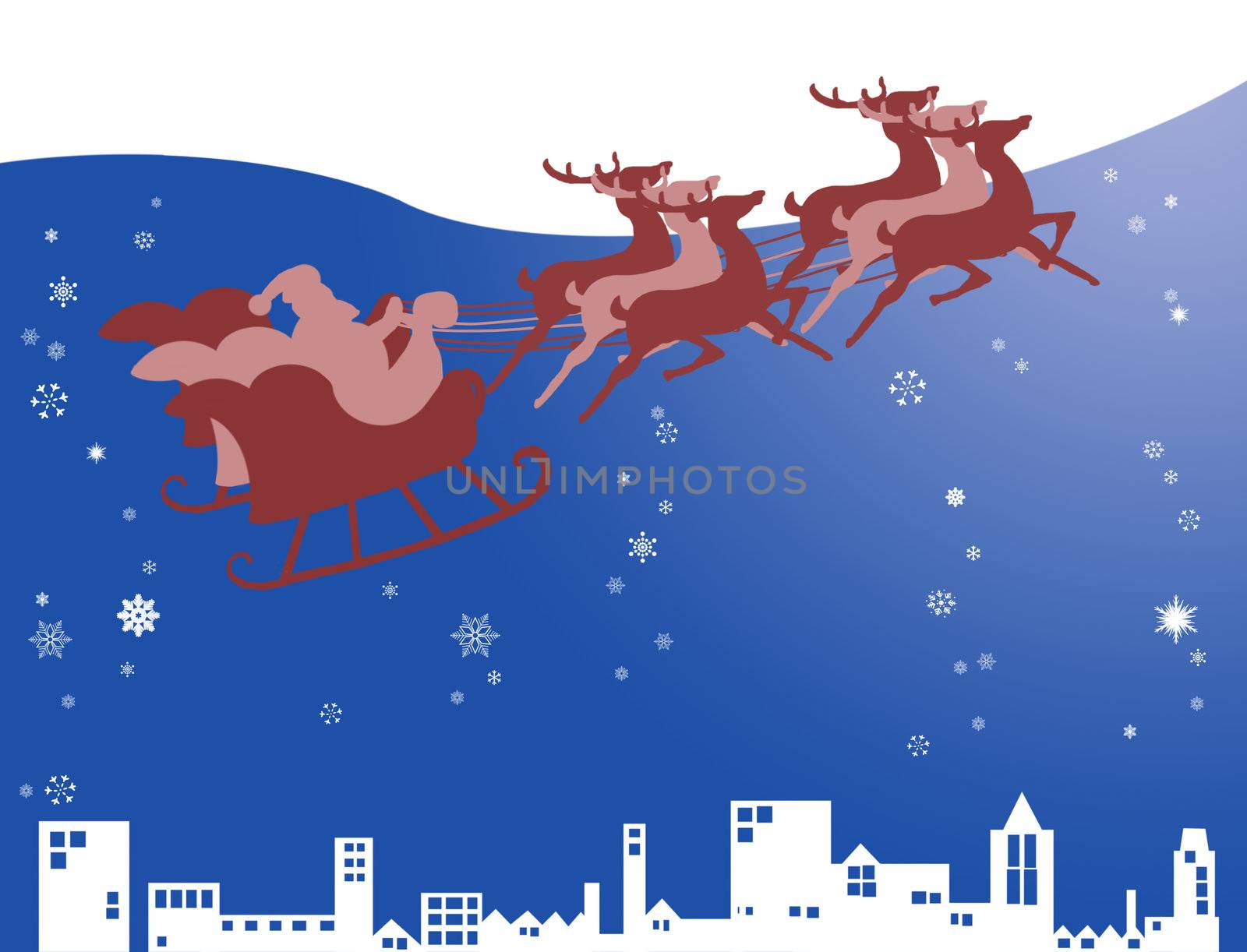 Santa Claus in his sleigh with snow and night sky