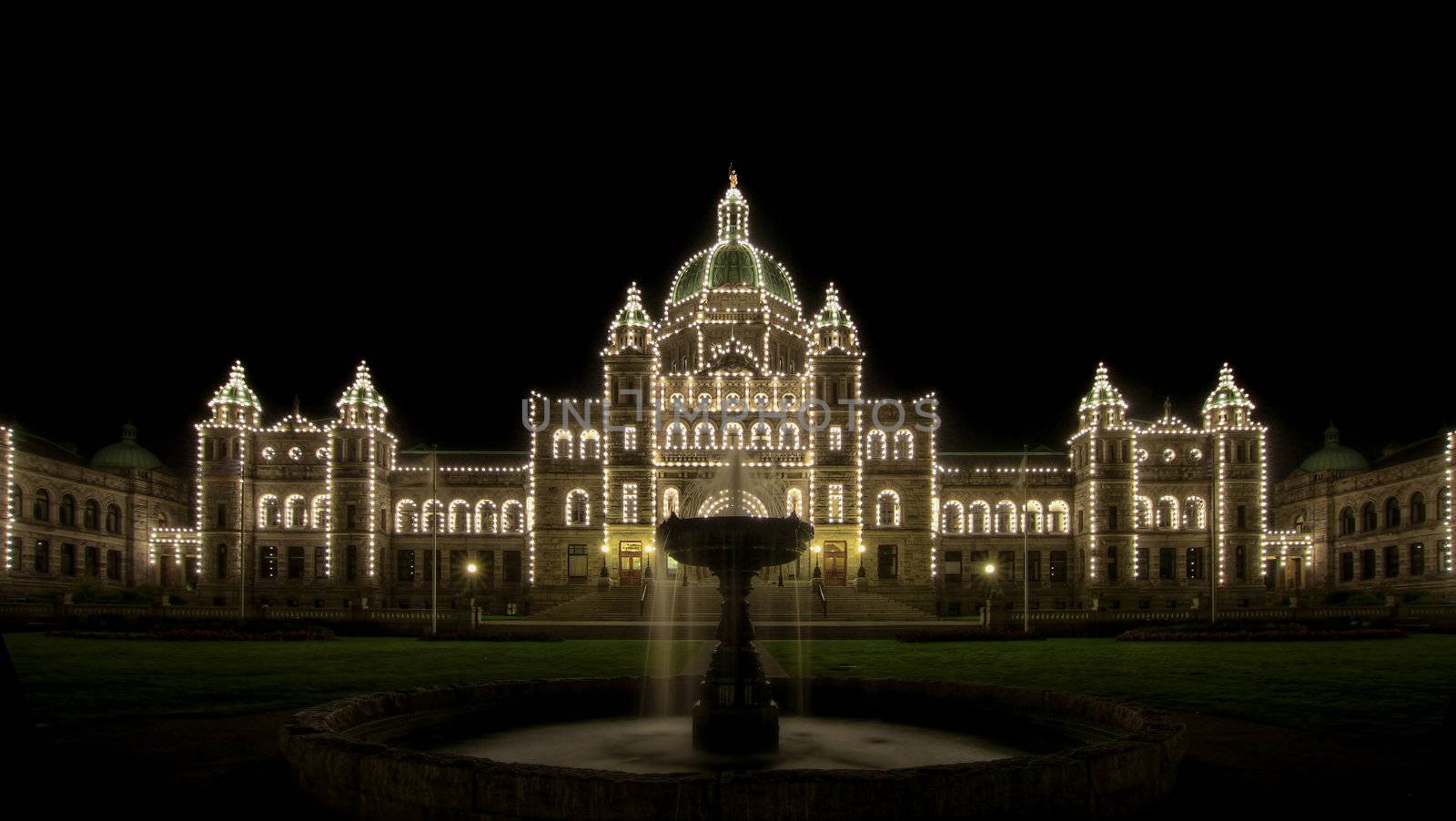 Water Fountain by Parliament Buildings in Victoria BC Canada at Night
