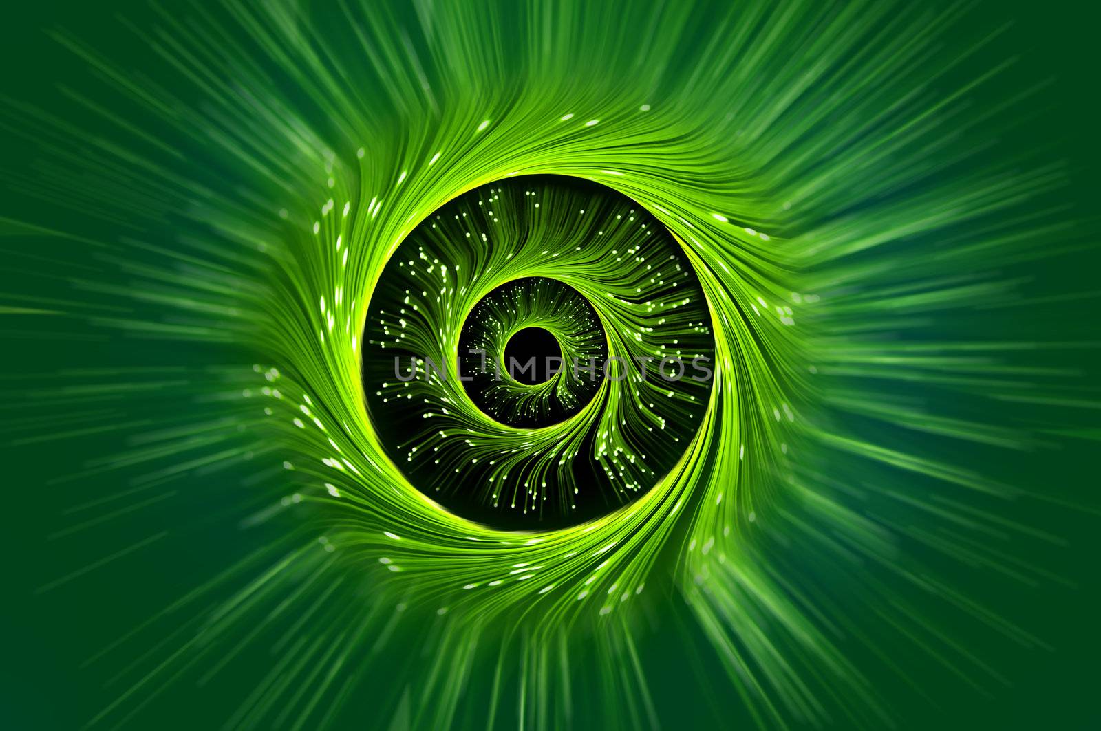 Abstract style rings of green and yellow fiber optic light strands towards centre of image with motion blur effect to the outer portion