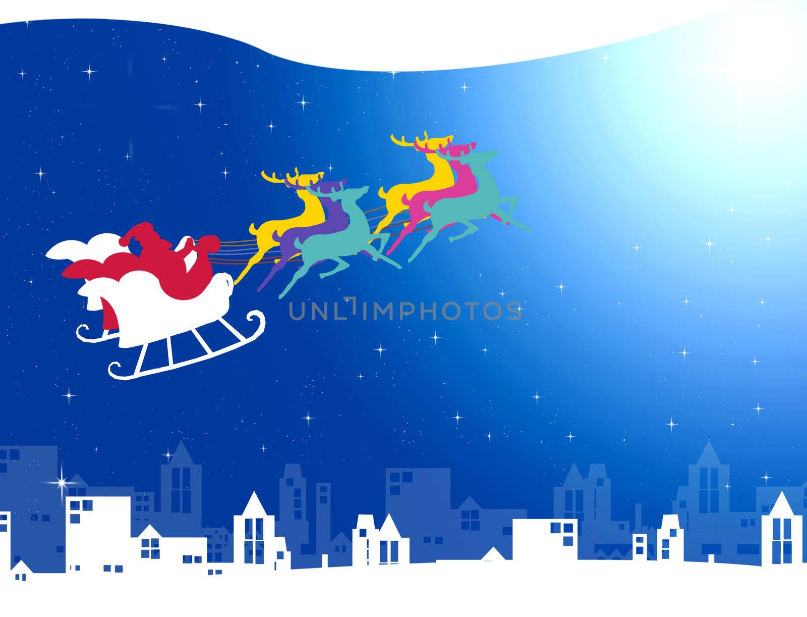 Santa claus with his sleigh over the city by pixbox77