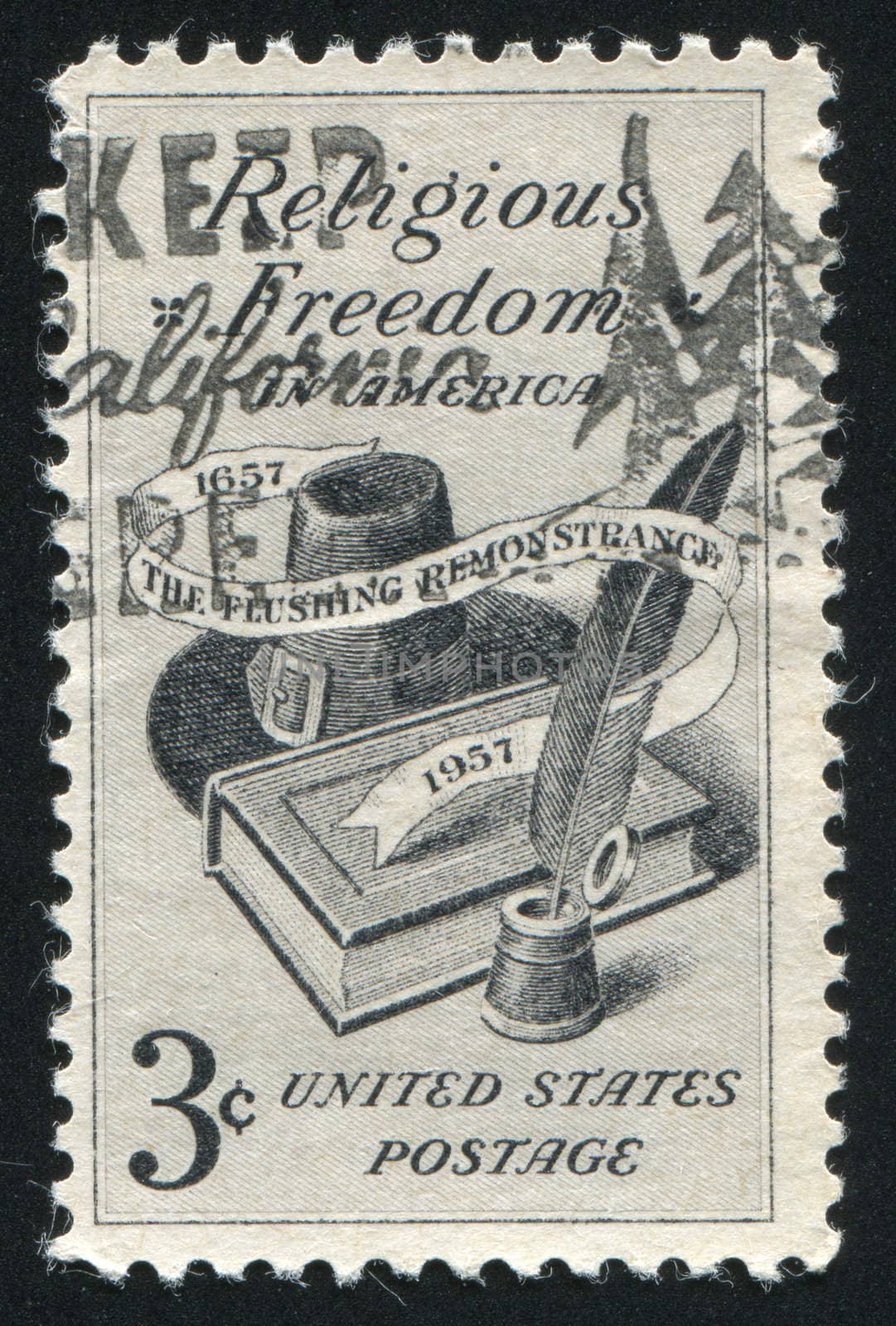 UNITED STATES - CIRCA 1957: stamp printed by United states, shows Bible, Hat and Quill Pen, circa 1957