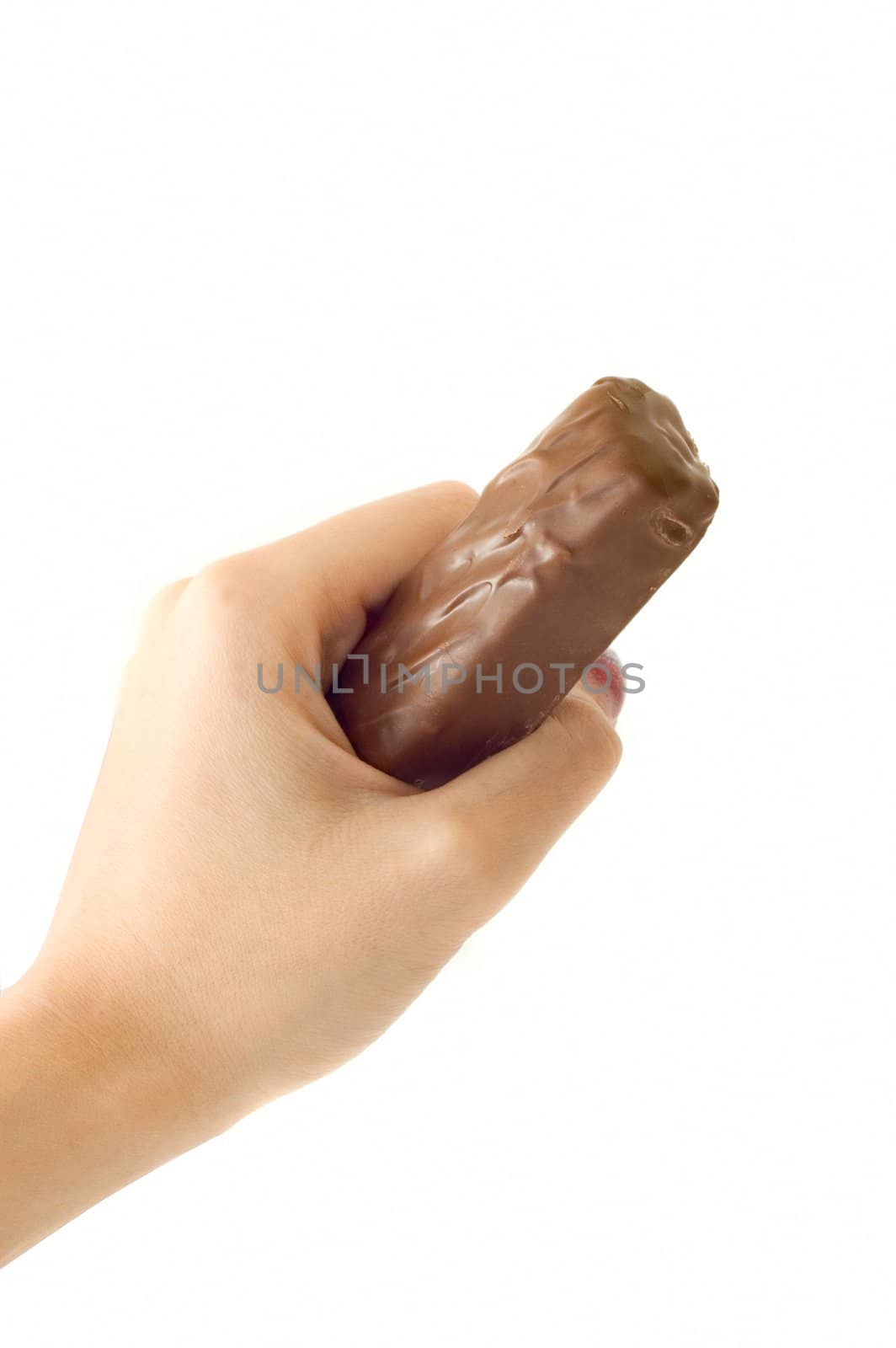 Female hand hold bar of chocolate on white background