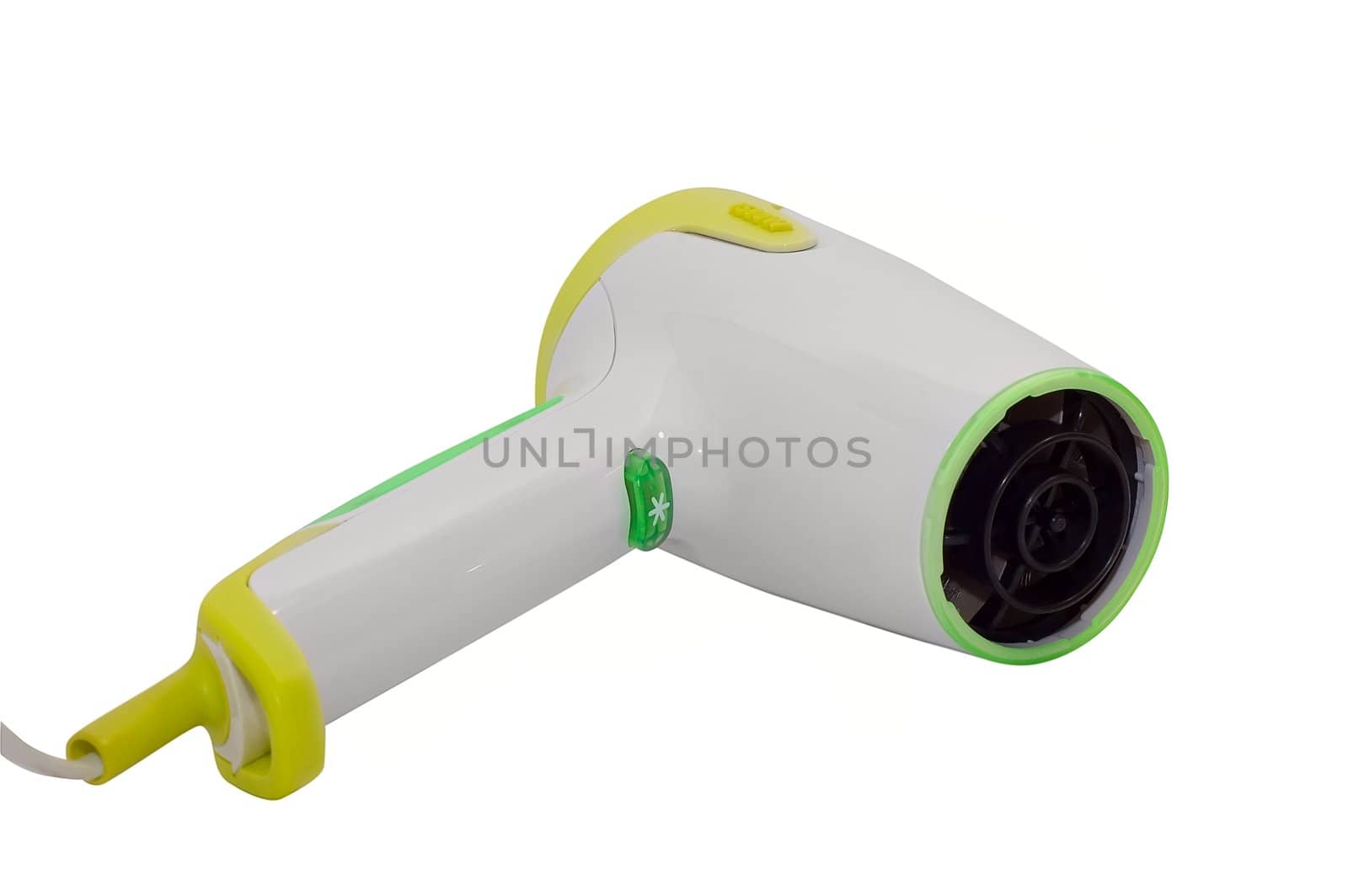 Stylish yellow and green hairdryer on white