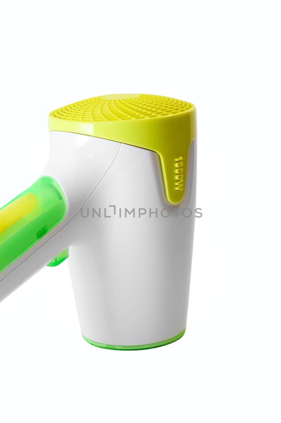 Stylish yellow and green hairdryer on white
