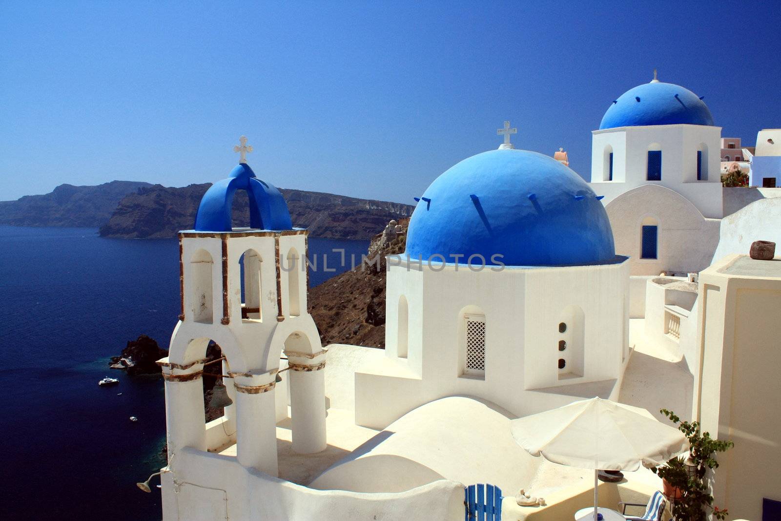 Oia, Thira (Santorini), Greece, blue cupolas of church