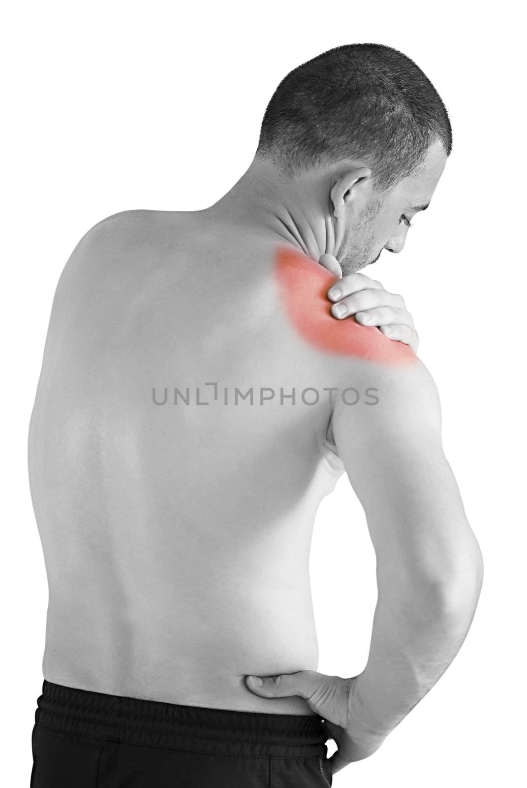 young man having neck and shoulder ache making massage