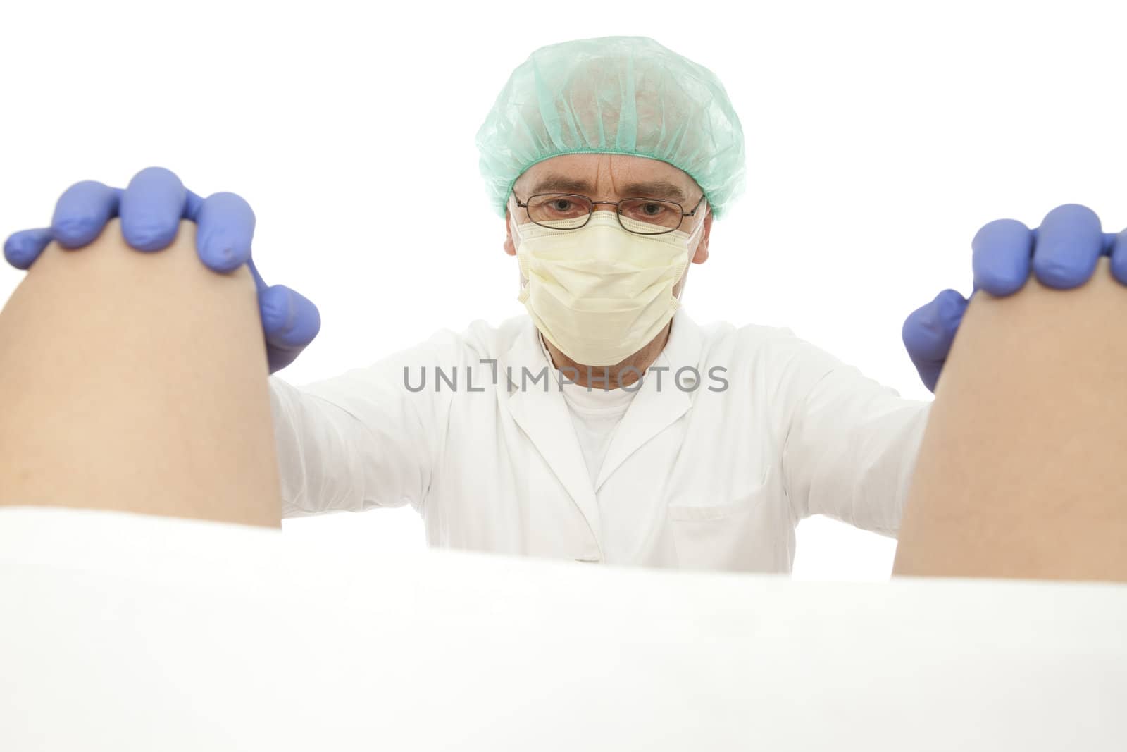 obstetrician in expectation on childbirth on white background