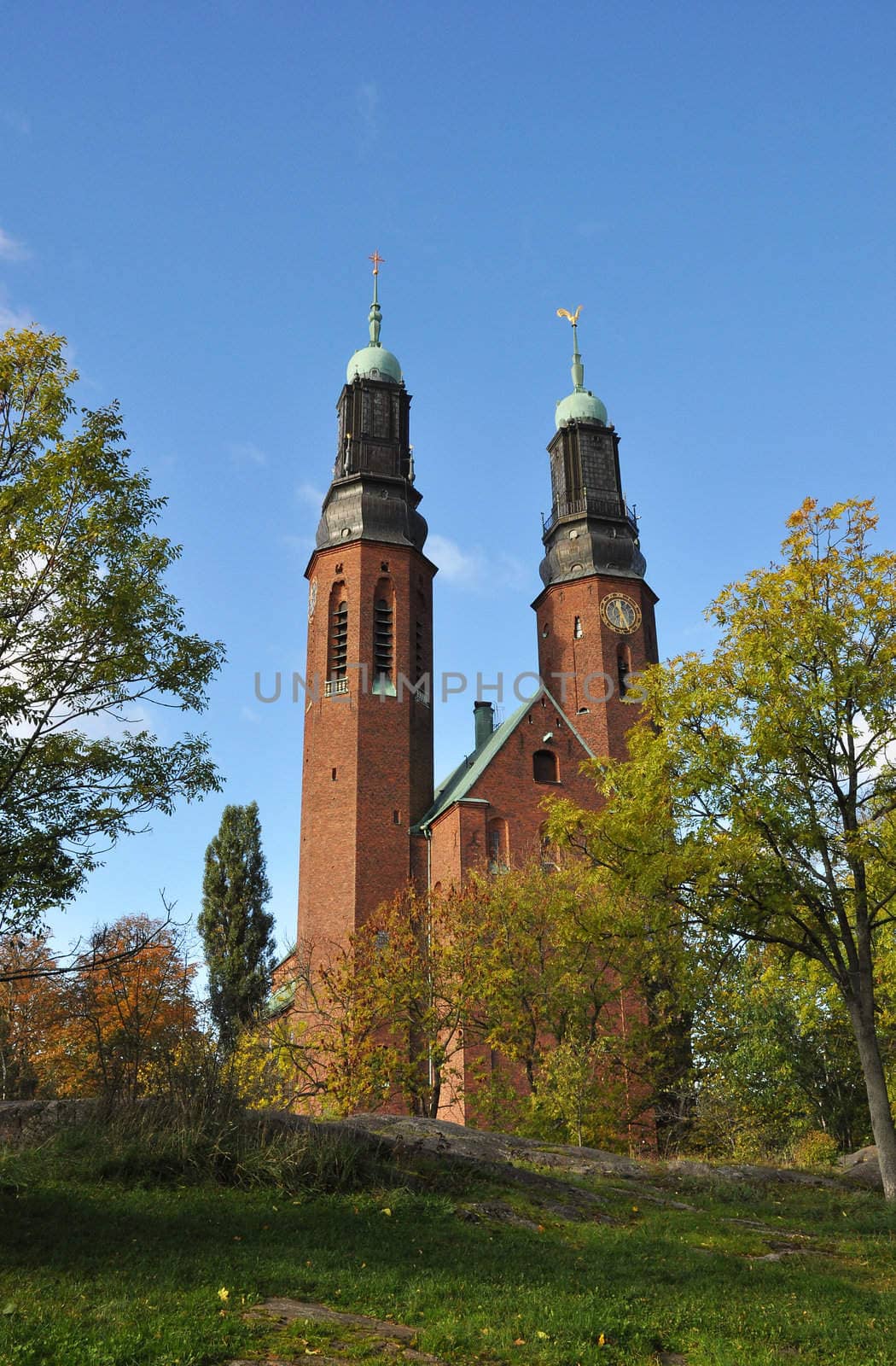 Hogalidskyrkan in Stockholm, Sweden,  with its two towers.