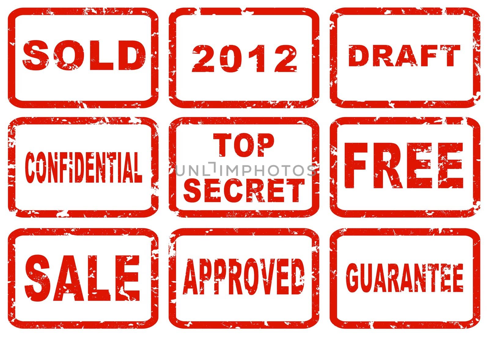 Nine red ink stamp marks isolated on a white background