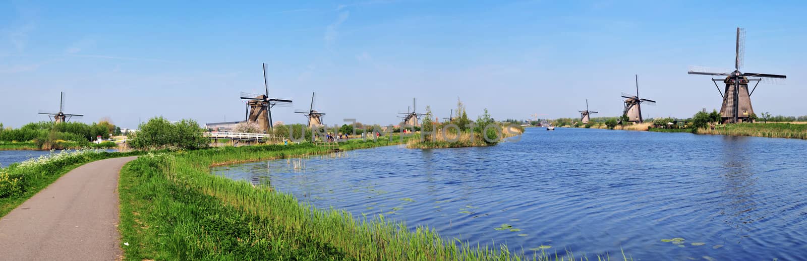 Holland. Vertical Panorama of canals and water mills