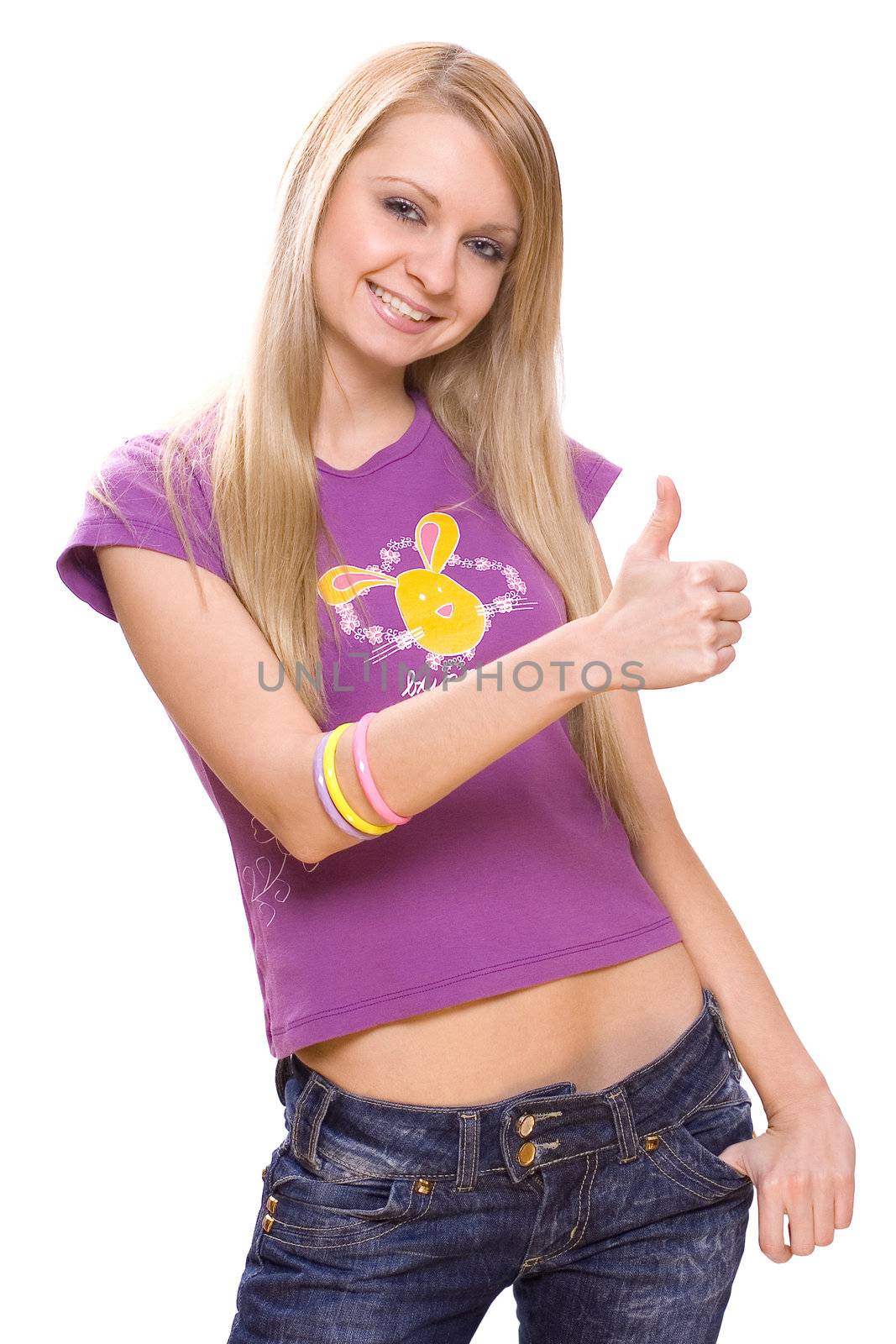 smiling young woman giving thumbs-up on a white background