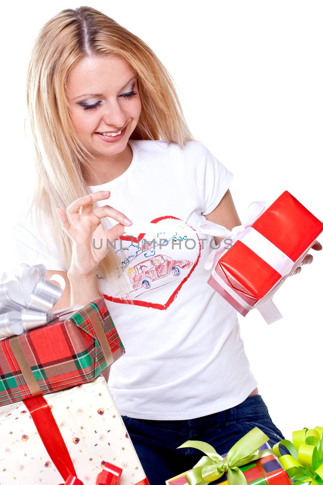 beautiful woman with holiday gift on a white background