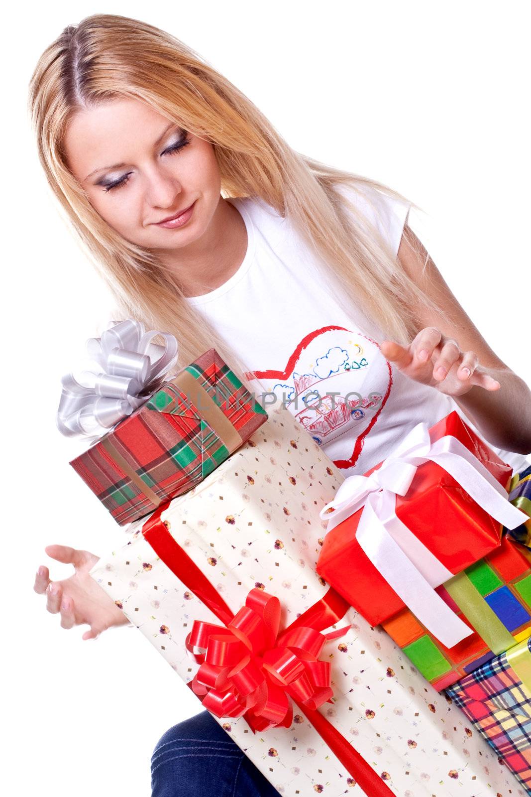 beautiful woman with holiday gift on a white background