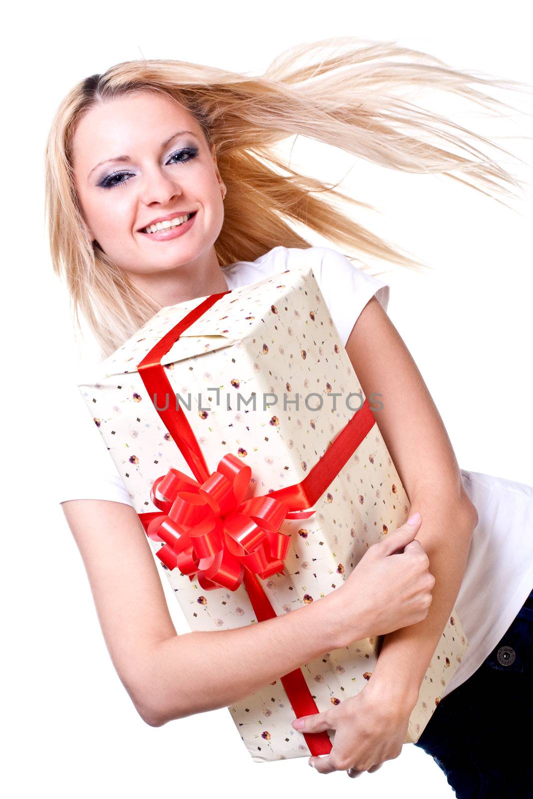 beautiful woman with holiday gift on a white background