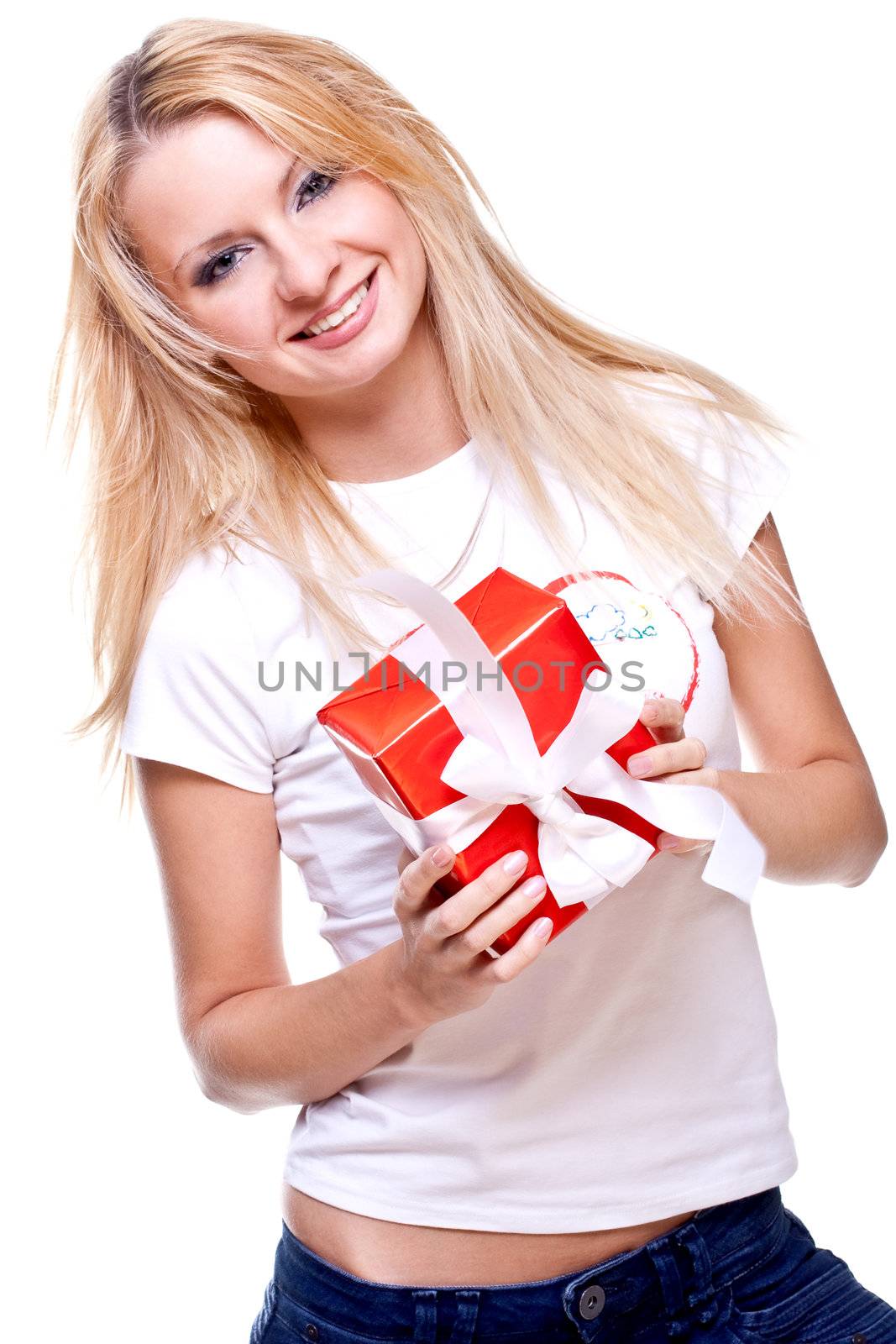 beautiful woman with holiday gift on a white background