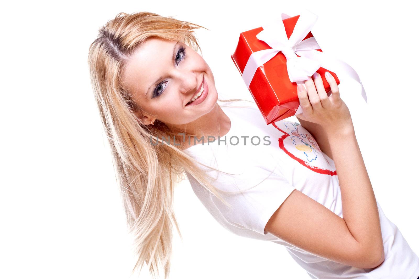 beautiful woman with holiday gift on a white background