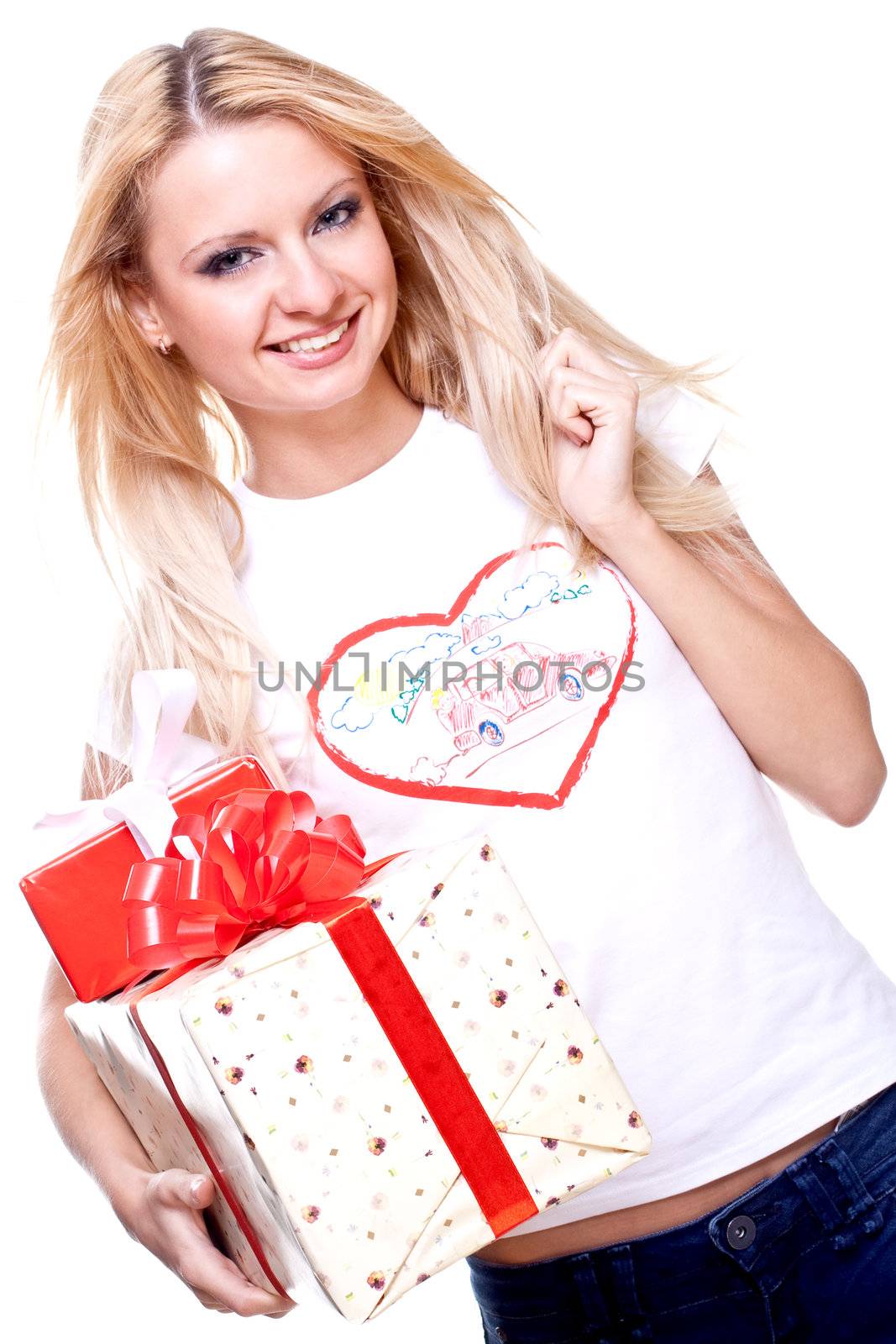 beautiful woman with holiday gift on a white background