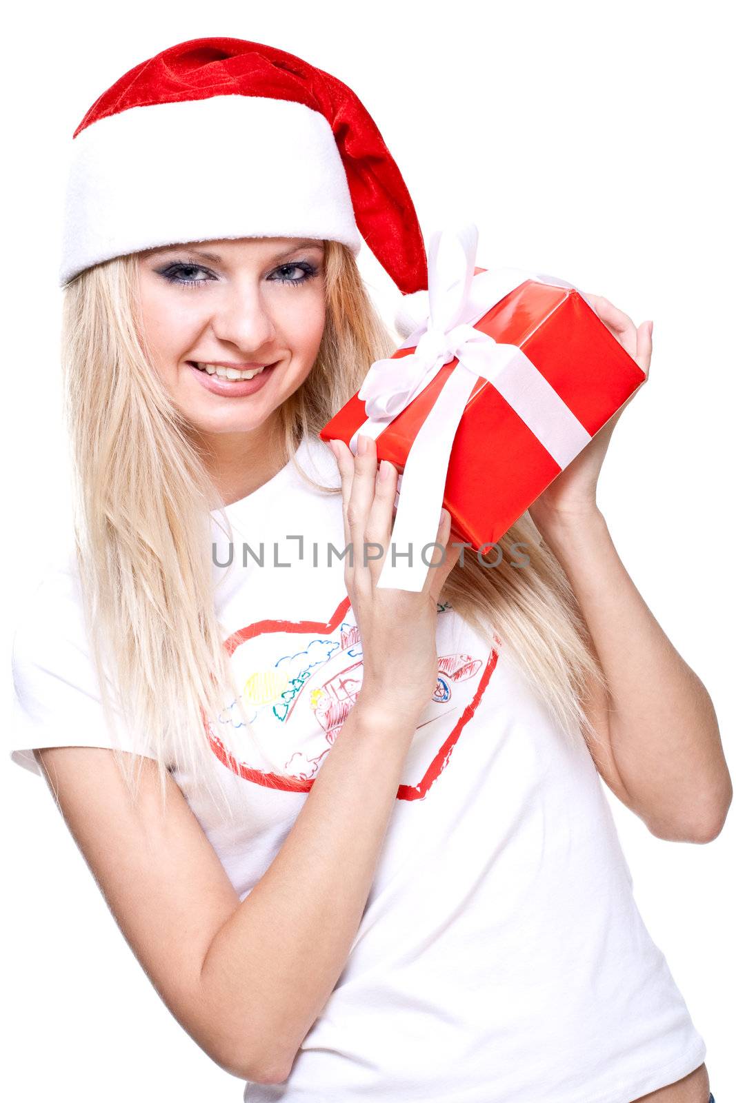 christmas woman with holiday gift on a white background