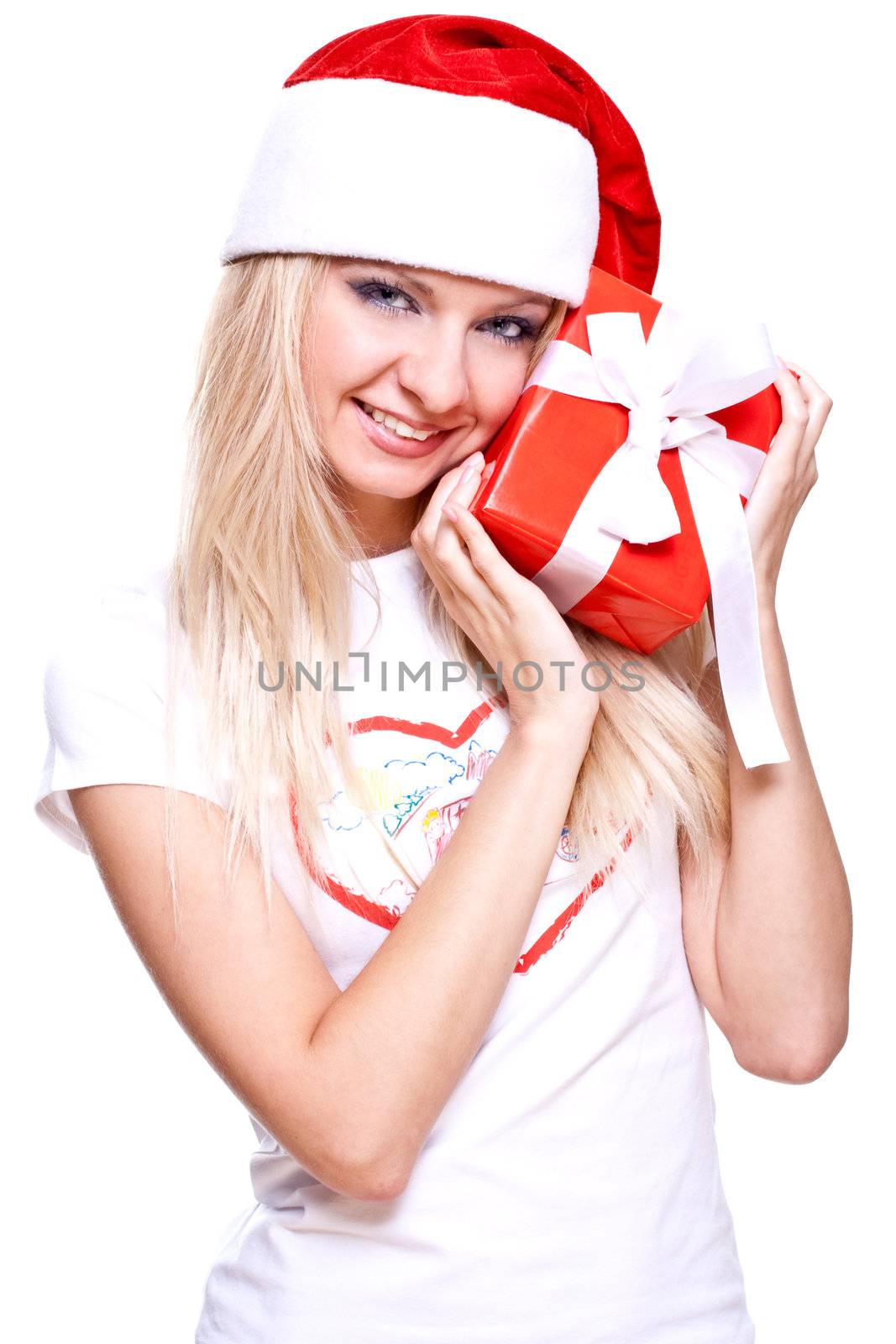 christmas woman with holiday gift on a white background