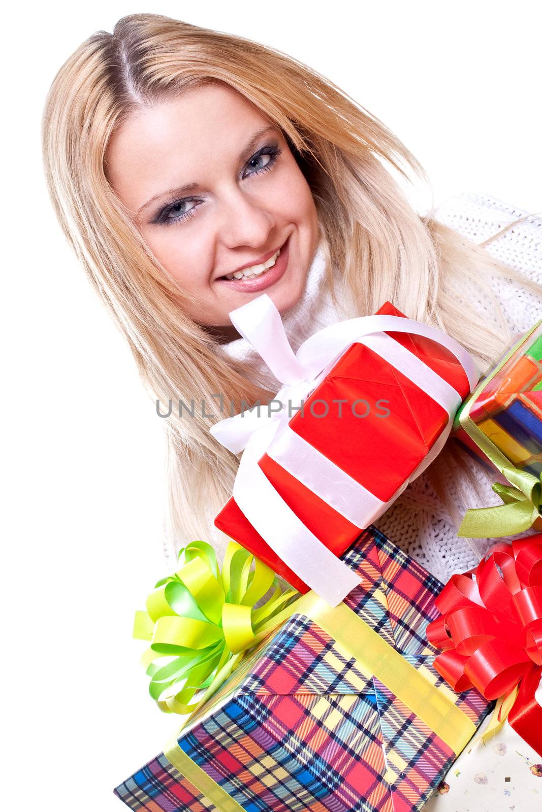 beautiful woman with holiday gift on a white background