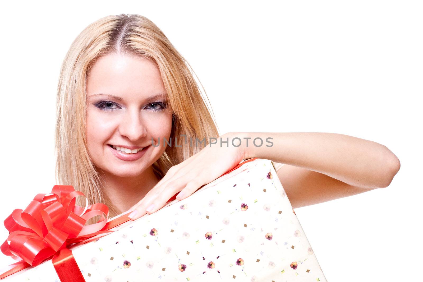 beautiful woman with holiday gift on a white background