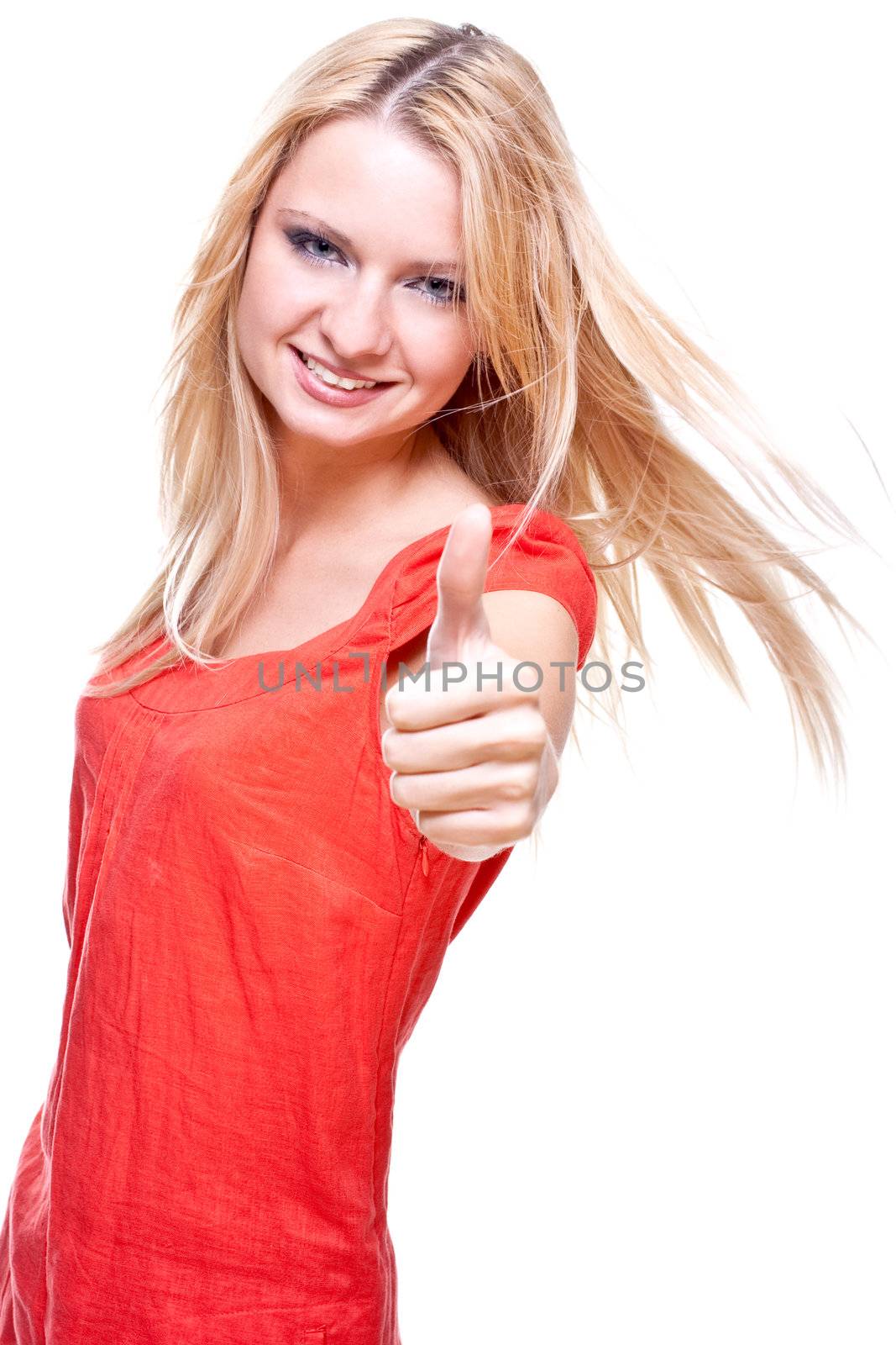 beautiful woman in a red dress on a white background isolated