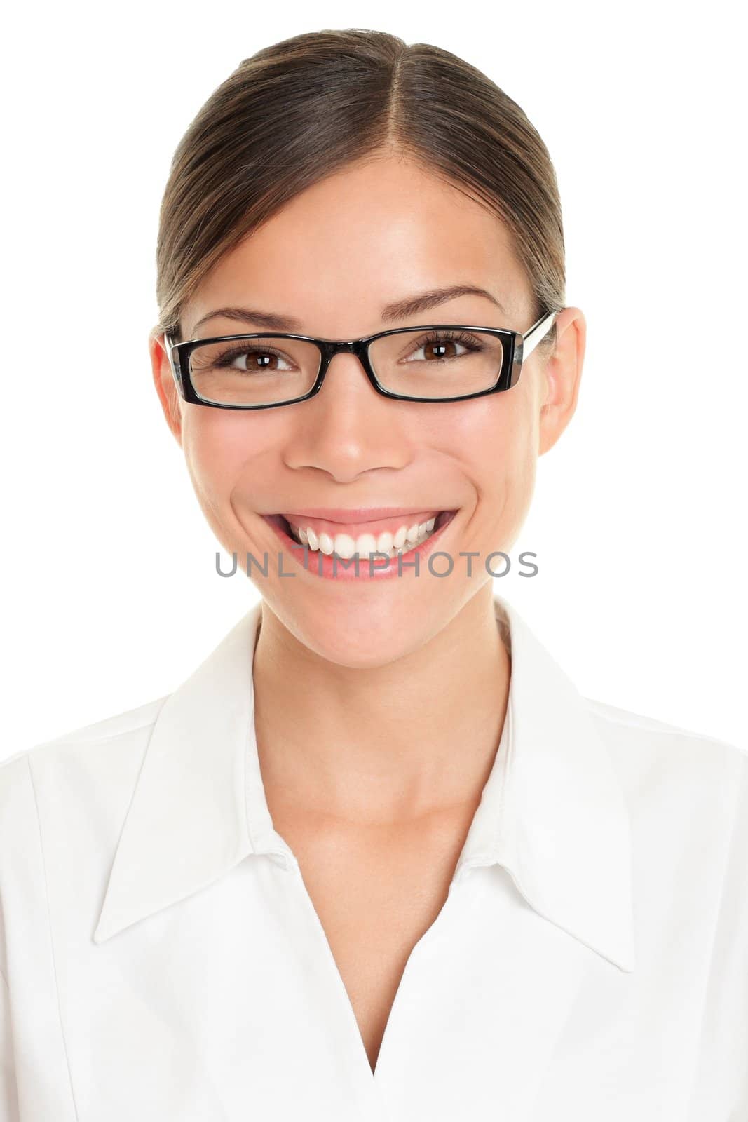 Pharmacist woman portrait. Closeup of young asian wearing glasses and lab coat isolated on white background