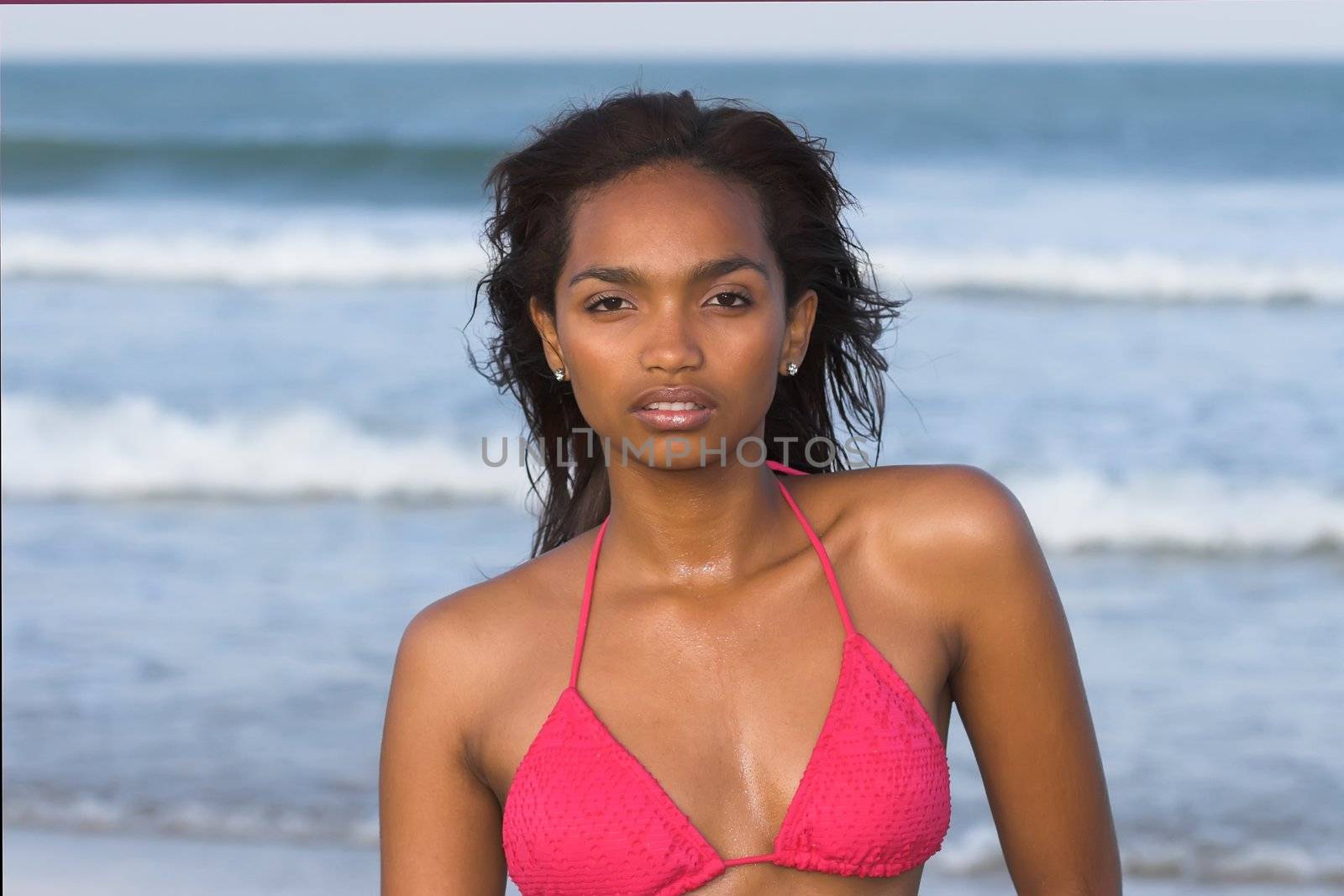 Close up shot of a Caribbean bikini model