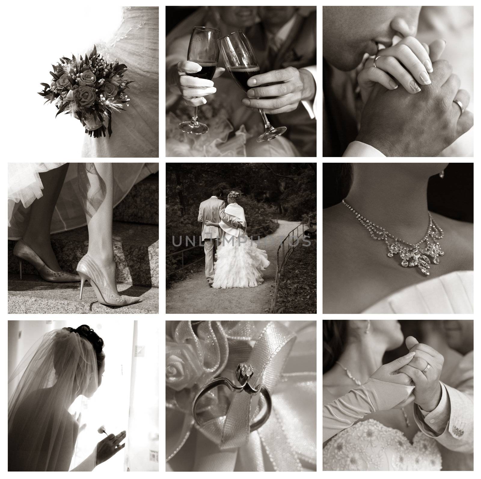 Collage of nine wedding photos in sepia tone