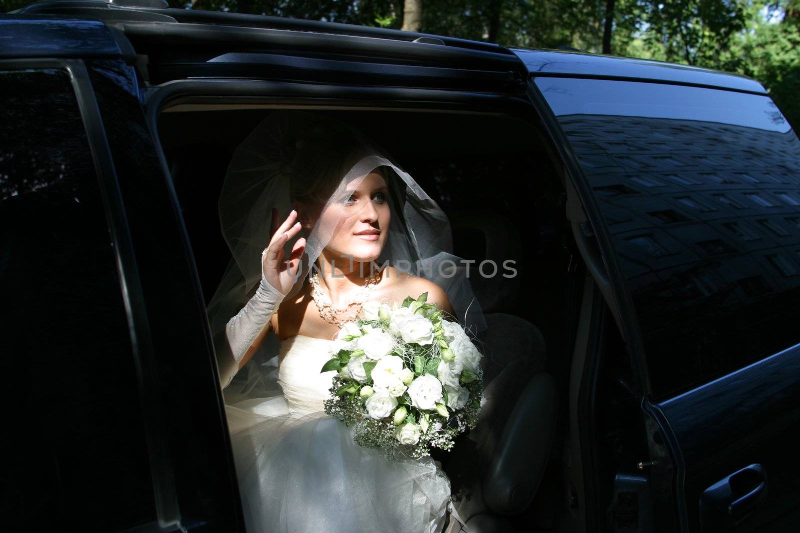 The beautiful bride in a car