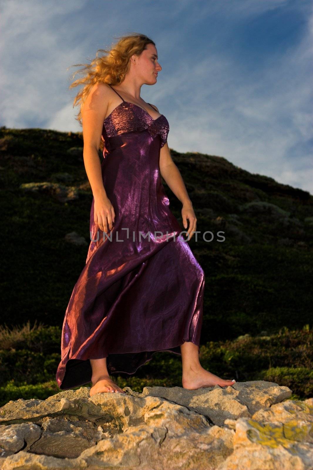 Girl standing on a rock in a purple dress and her hair blowing in the wind